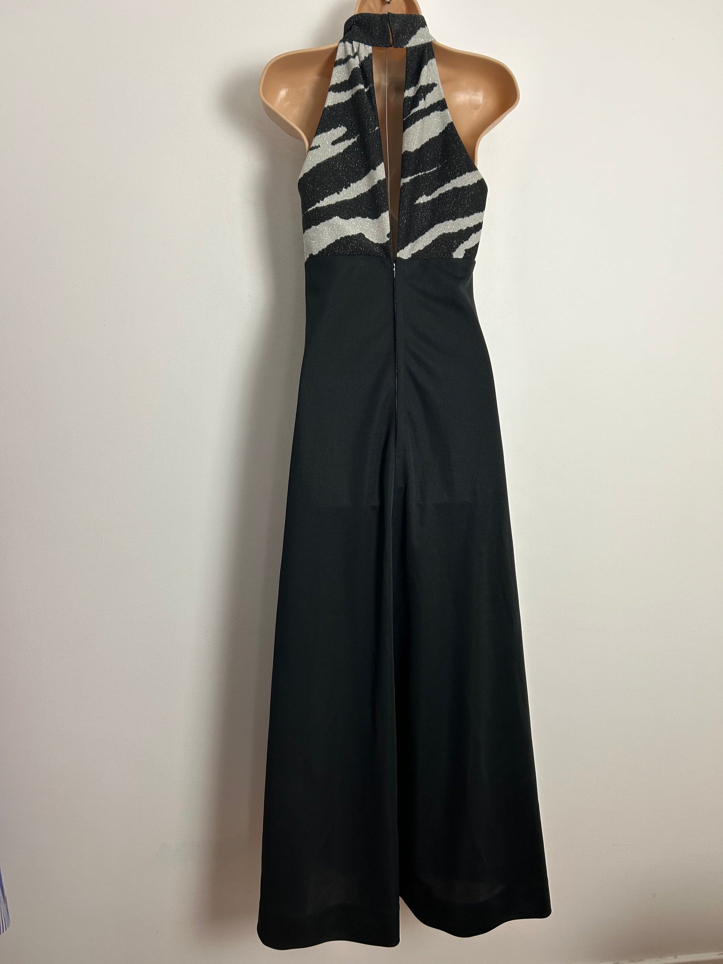 Vintage 1970s MORTIMER UK Size 8-10 Black & Silver Zebra Stripe Lurex Bodice Halter Neck Cut Out Occasion Maxi Dress