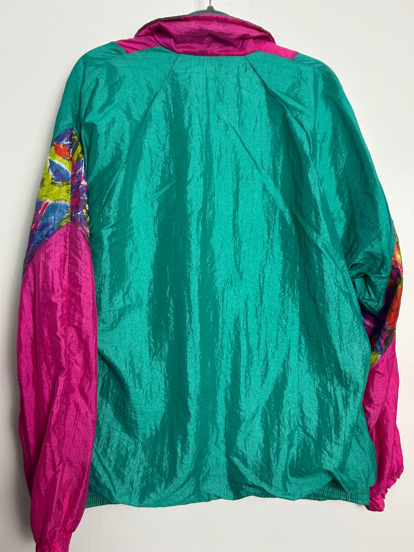 Vintage 1980s Up To Size 14/16 LANVIN'S Pink Green Blue Abstract Print Shell Suit Jacket