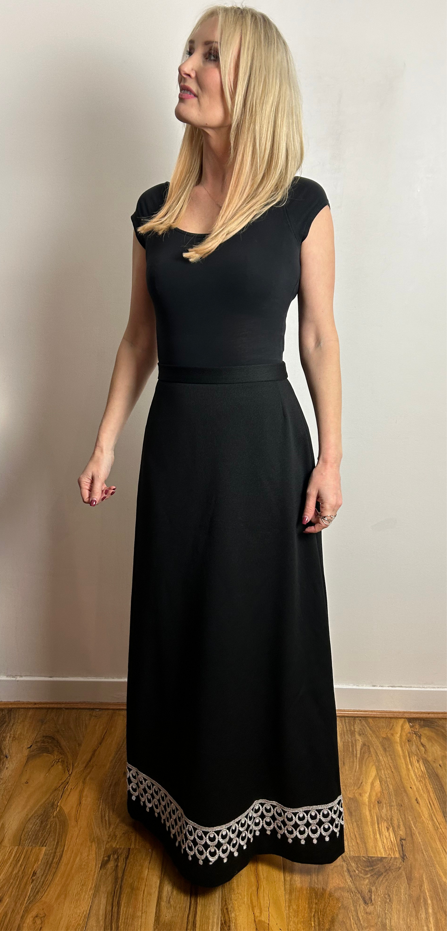 Vintage 1970s UK Size 8 Black & Silver Braid Trim Evening Maxi Skirt
