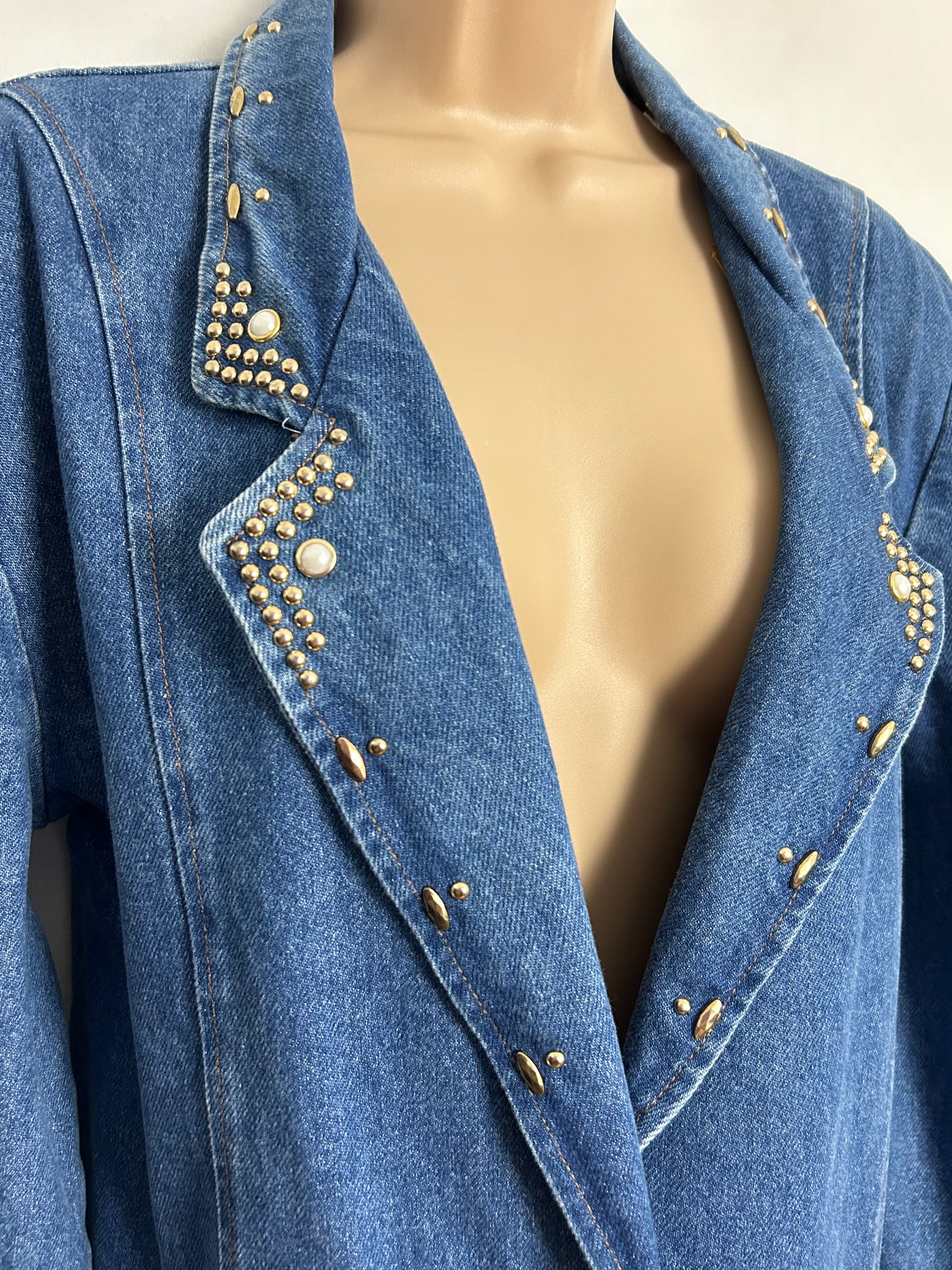 Vintage 1980s/1990s UK Size 10-12 Denim Blazer With Stud & Bead Embellishment