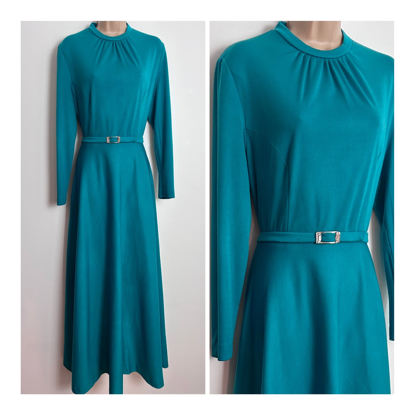 Vintage 1970s RIDELLA UK Size 12 Jade Green Long Sleeve Belted Maxi Dress