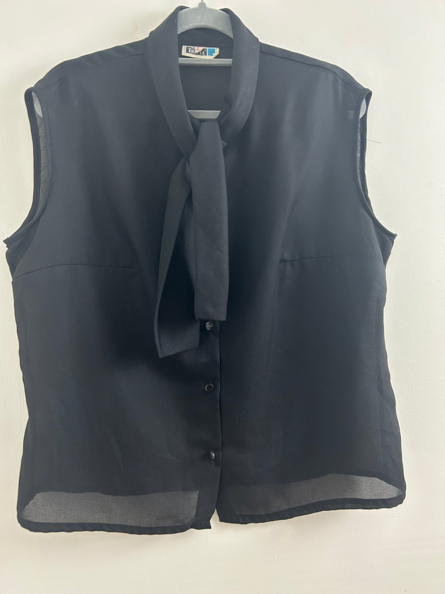 Vintage 1960s Size 16 Black Sleeveless Tie Neck Semi Sheer Blouse