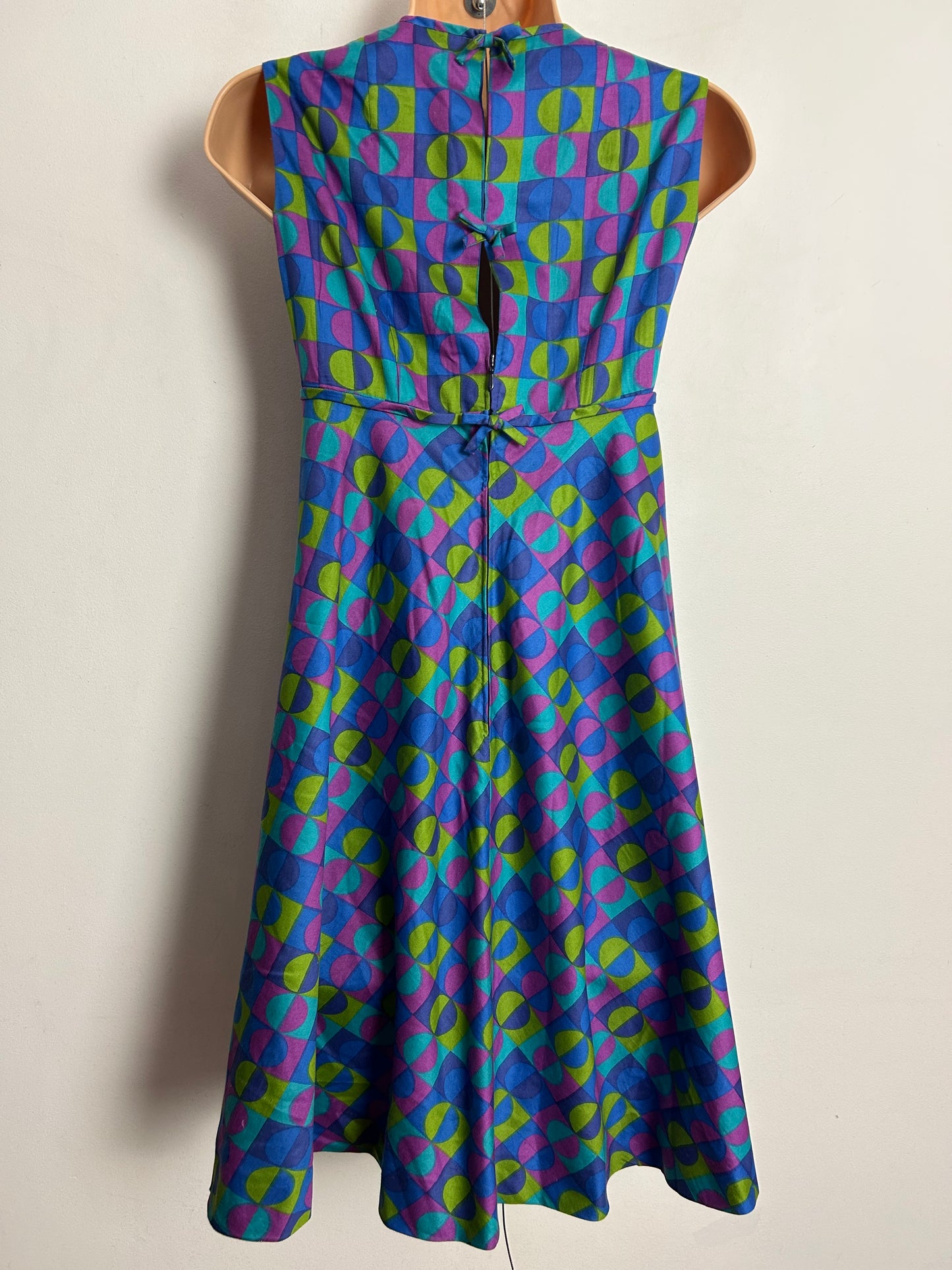 Vintage 1960s UK Size 6-8 Blue Pink Green & Turquoise Square & Circle Print Empire Line Short Mod Shift Dress
