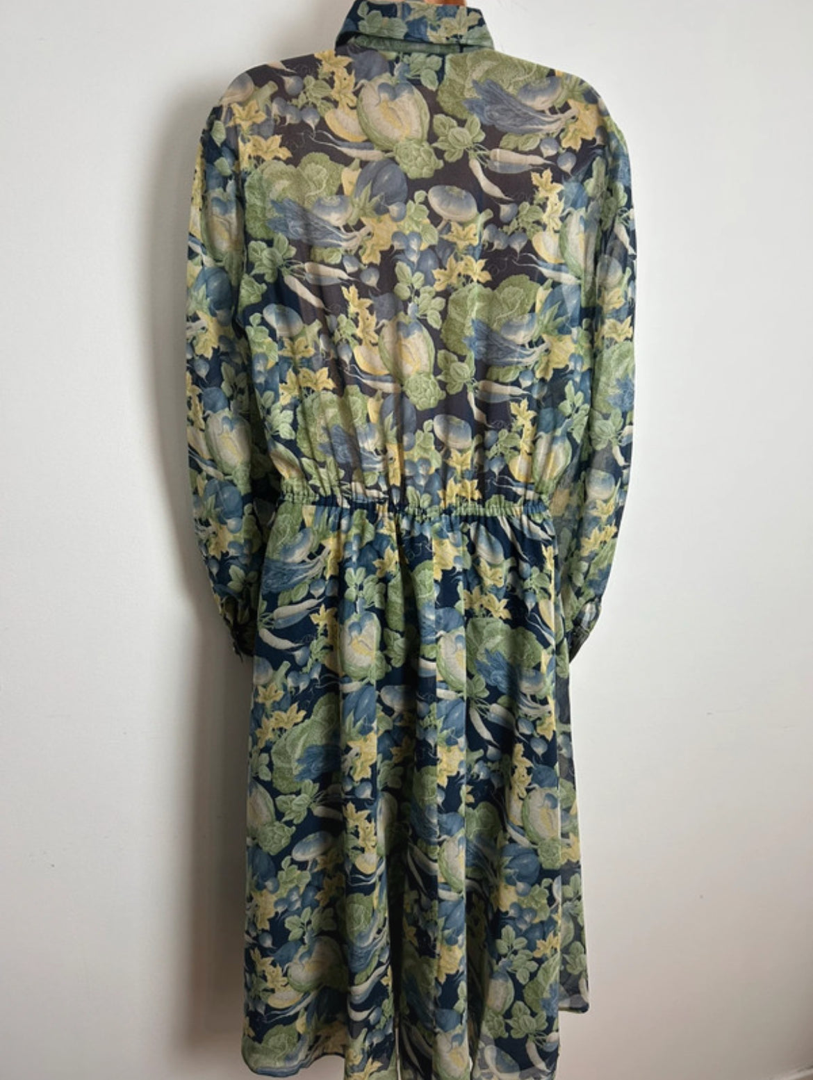 Vintage 1980s HEROS PARIS Size 14 Green & Blue Tones Vegetable Novelty Print Pure Cotton Day Dress