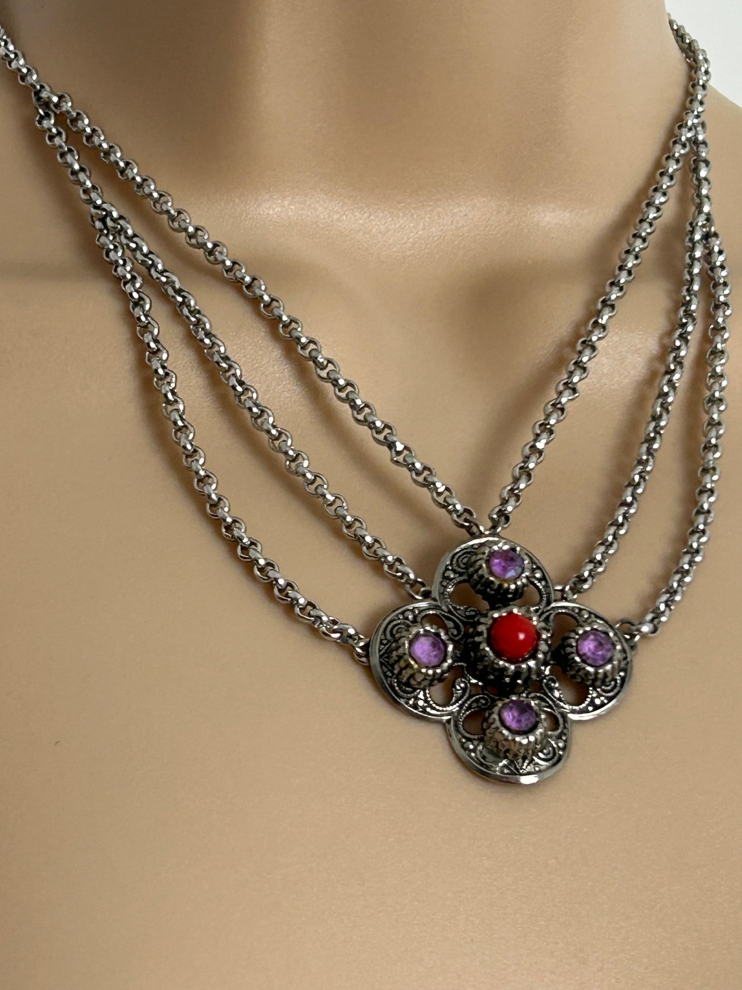 Vintage Silver Tone Base Metal Lilac & Red Stone Set Triple Chain Scottish Celtic Style Necklace