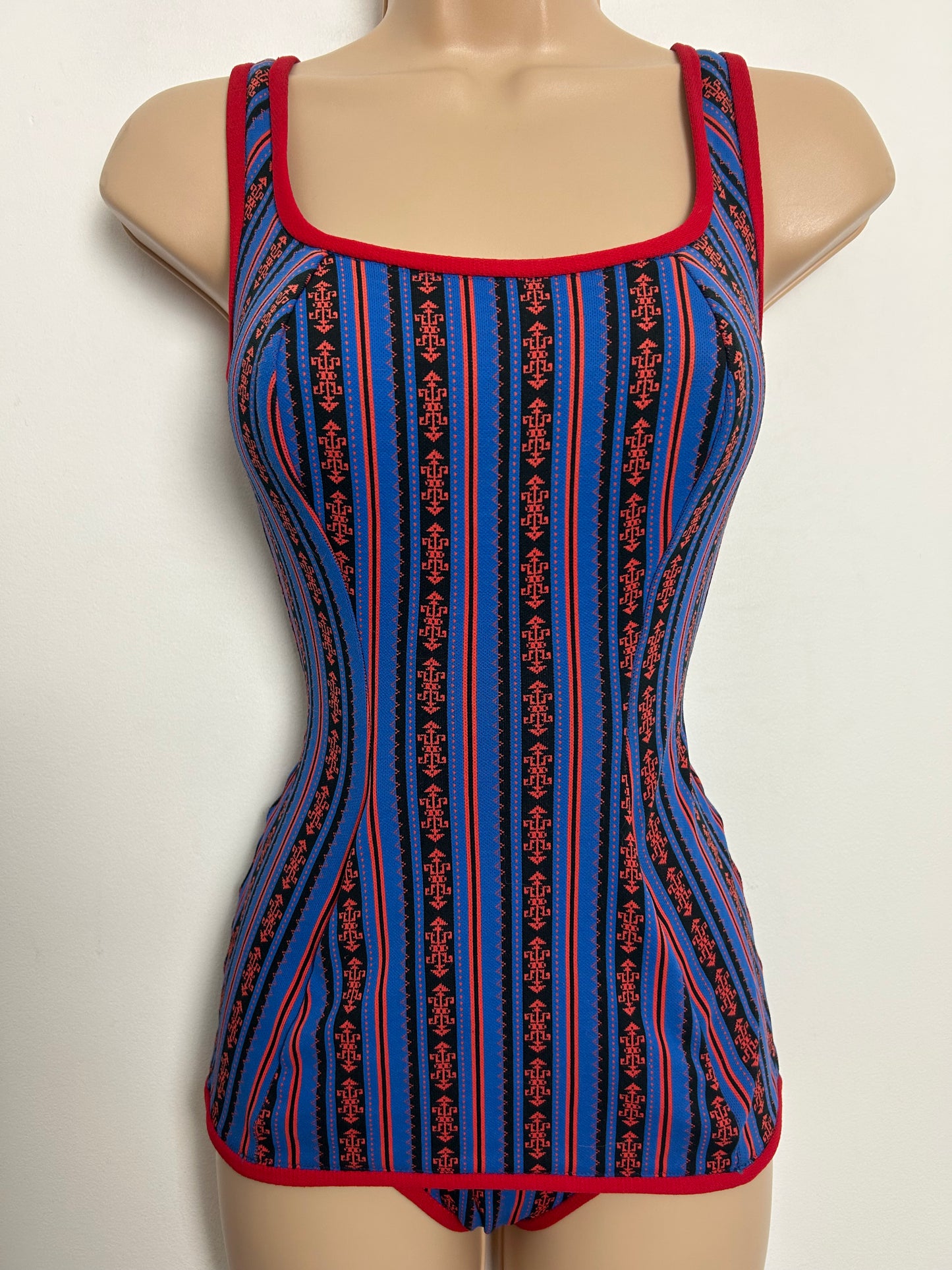 Vintage 1950s HIPPOCAMP Approx Size 12 Blue & Red Abstract Stripe Print Skirted Swimsuit