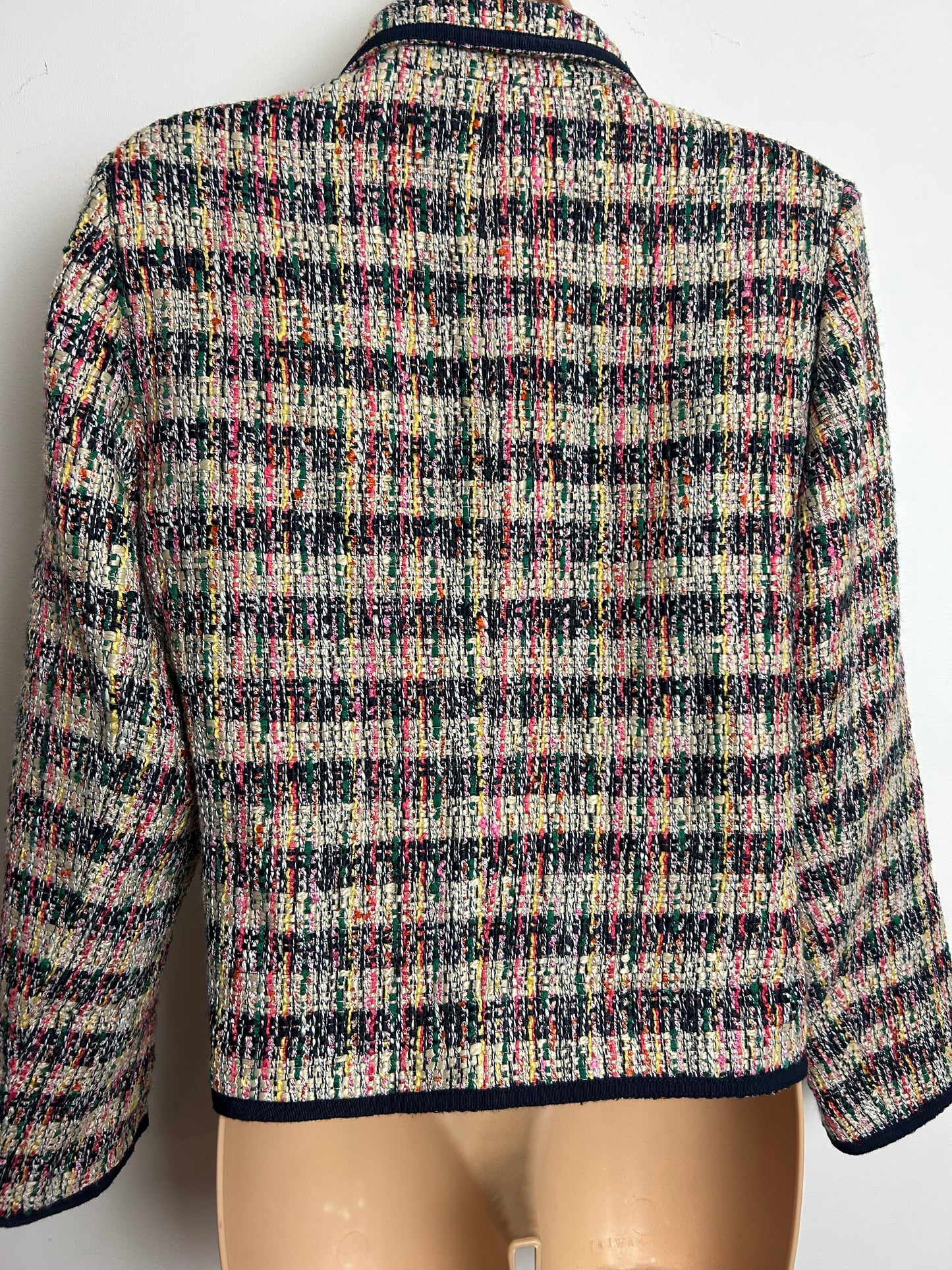 Vintage 1990s TALBOTS PETITE Size 12-14 Black Beige Green & Pink Tweed Double Breast Blazer