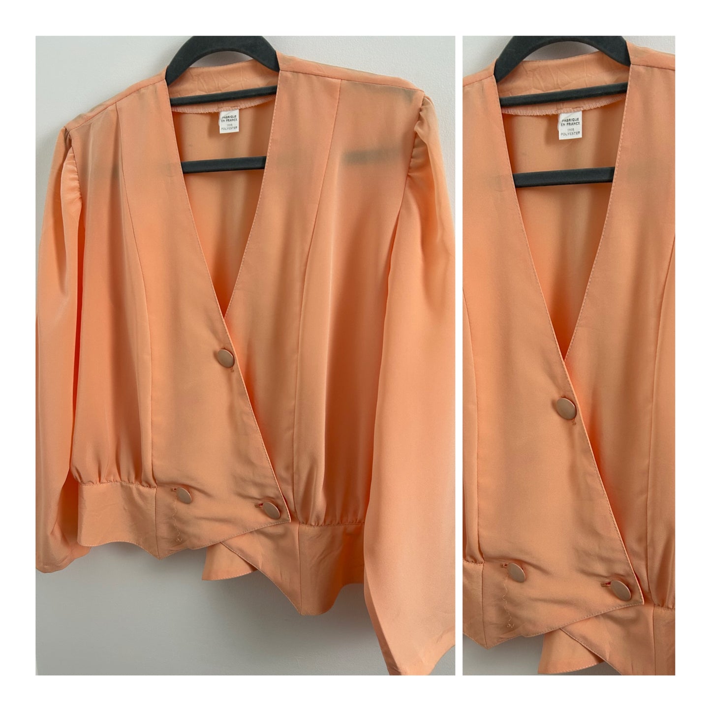 Vintage 1980s Size 12 Pale Peach Blouson Style Long Sleeve Wrap Blouse