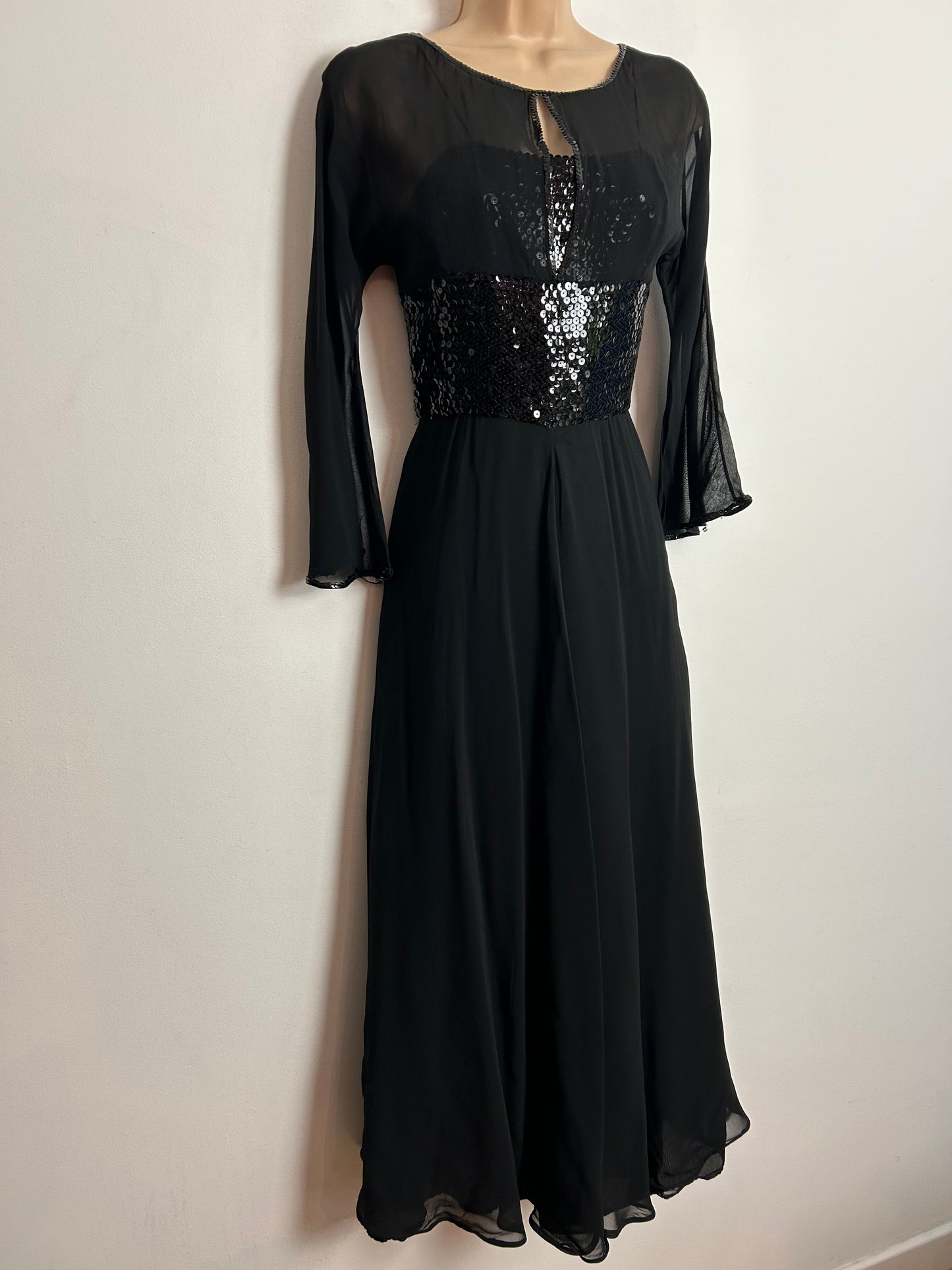 Vintage 1970s UK Size 6 Black Sequin Embellished Illusion Neck Evening Dress