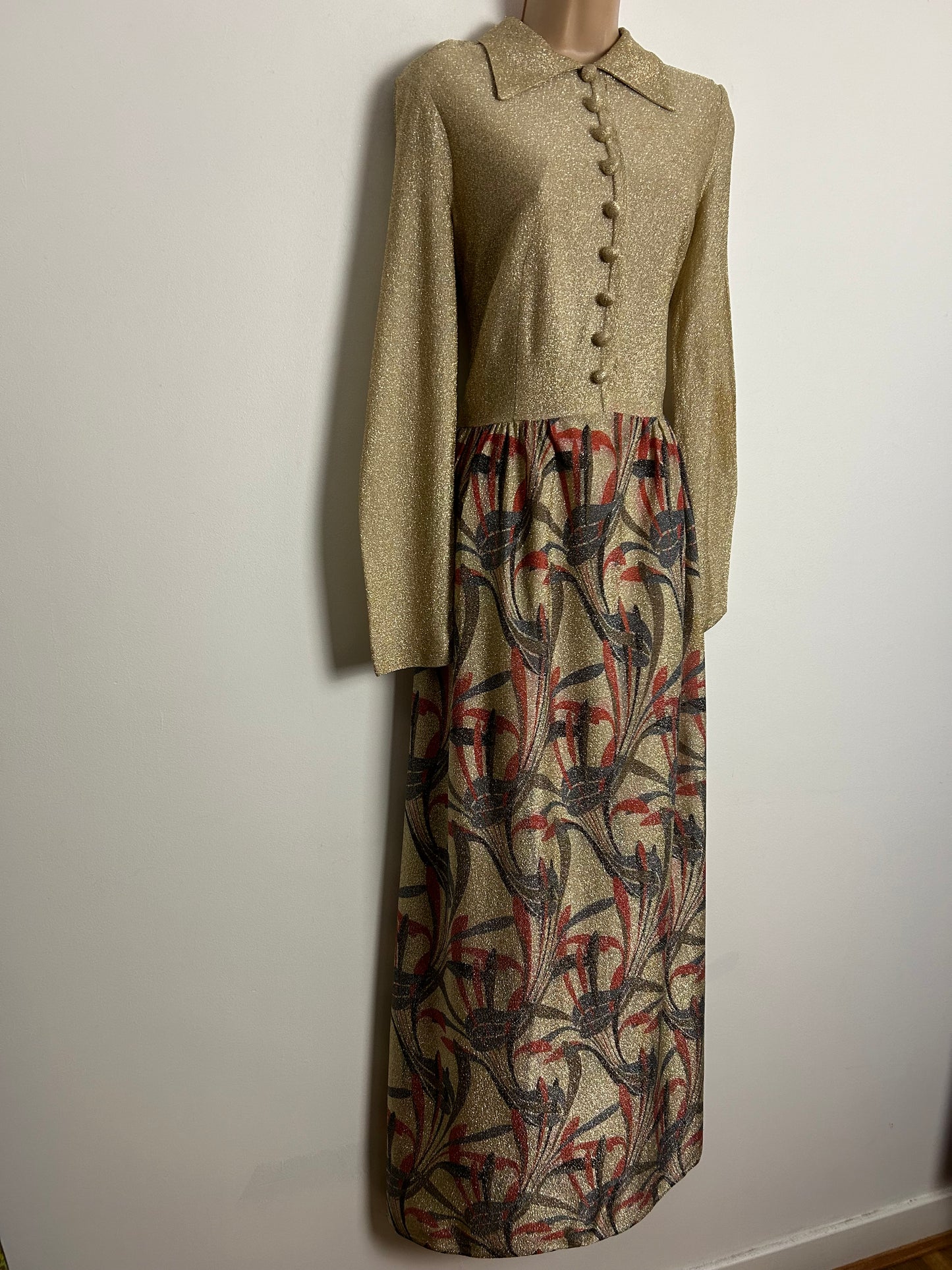 Vintage 1970s MONTIGO BAY UK Size 10 Gold Red & Grey Abstract Leaf Print Long Sleeve Lurex Occasion Maxi Dress