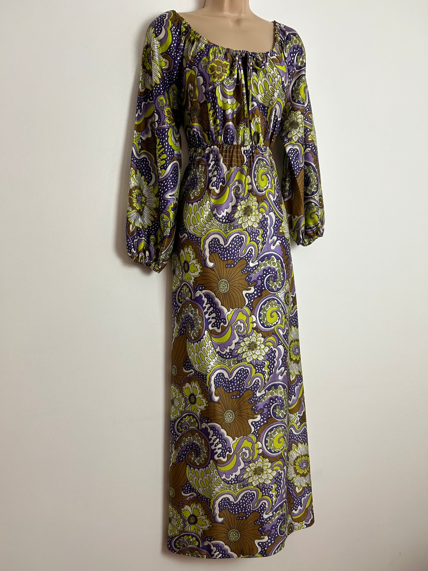 Vintage 1970s RICHARD SHOPS UK Size 10 Purple Green & Brown Psychedelic Floral Print On/Off Shoulder Long Sleeve Maxi Dress