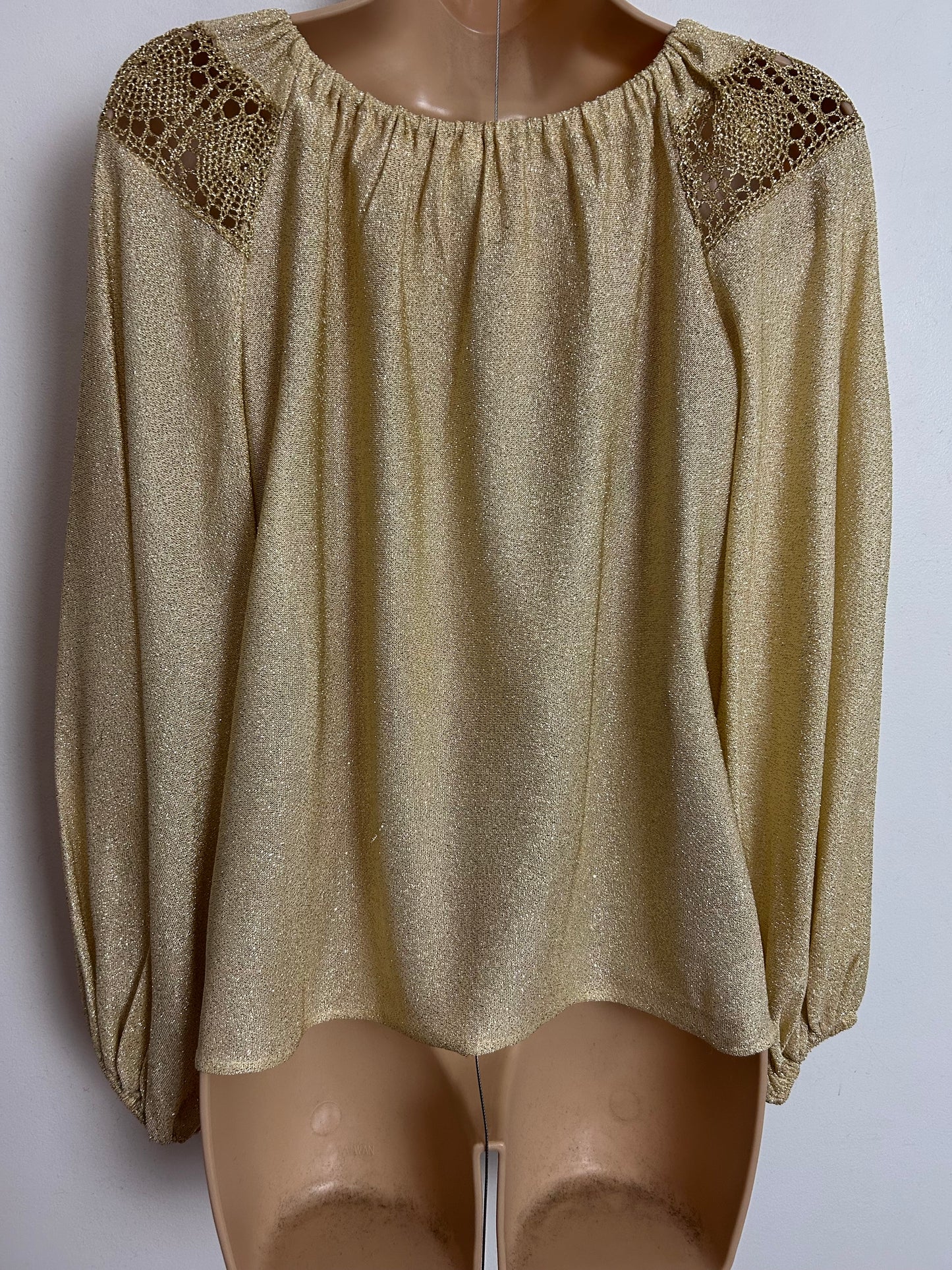 Vintage 1980s UK Size 14-16 Gold Lurex Crochet Panel Tie Neck Xmas Party Blouse