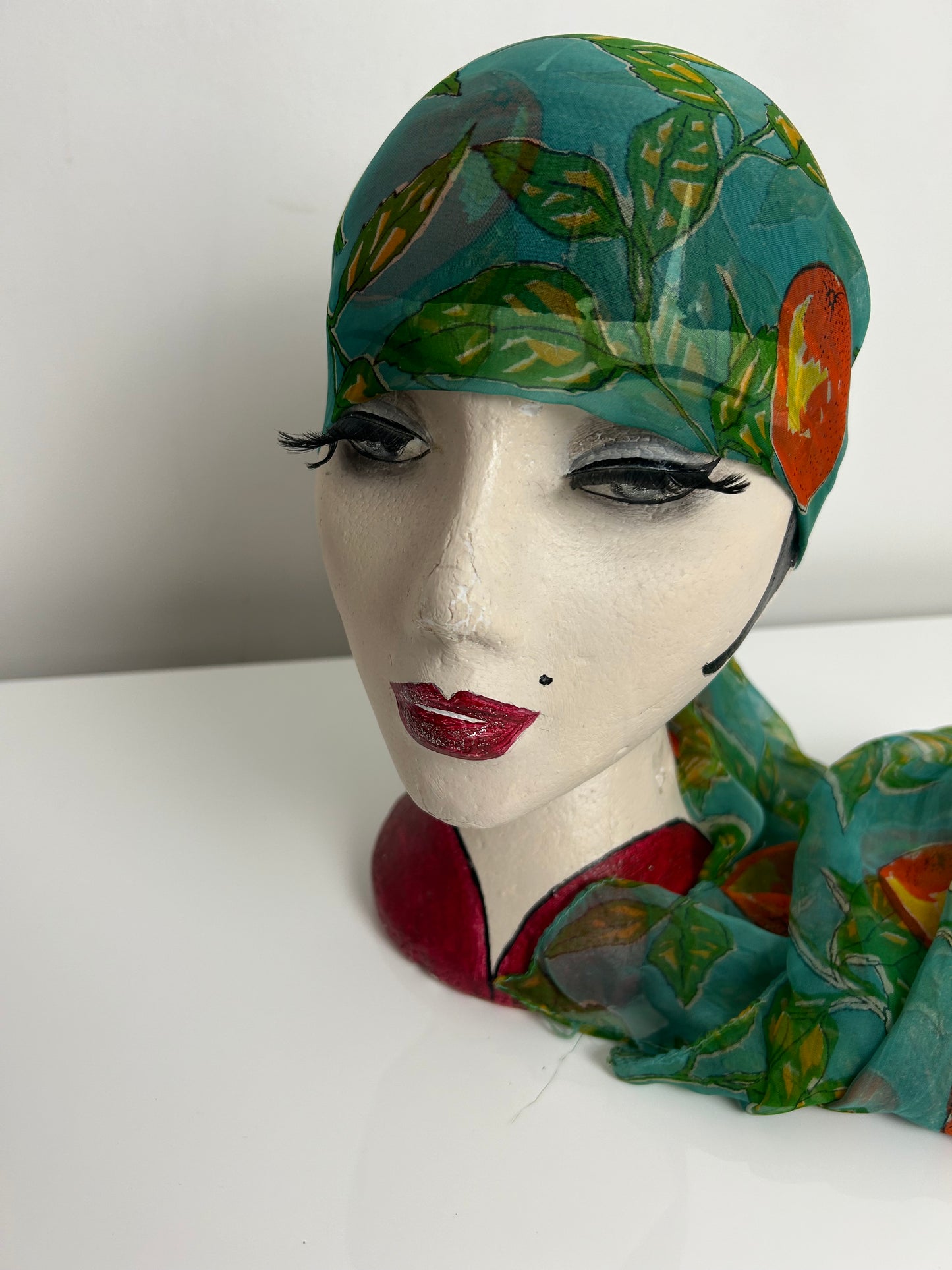 Vintage Turquoise Orange & Green Orange Fruit & Leaf Print Long Chiffon Scarf 103cm x 52cm