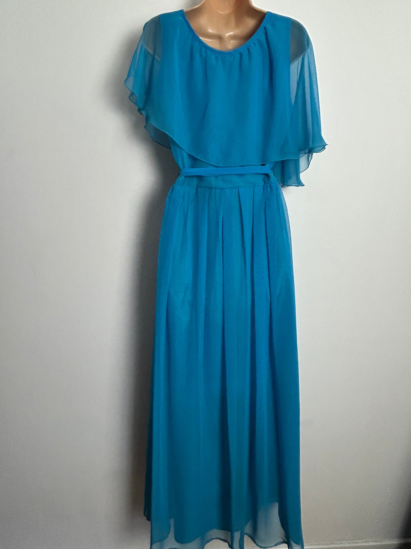 Vintage 1970s UK Size 10 Pretty Sky Blue Chiffon Asymmetrical Cape Sleeve Belted Maxi Dress