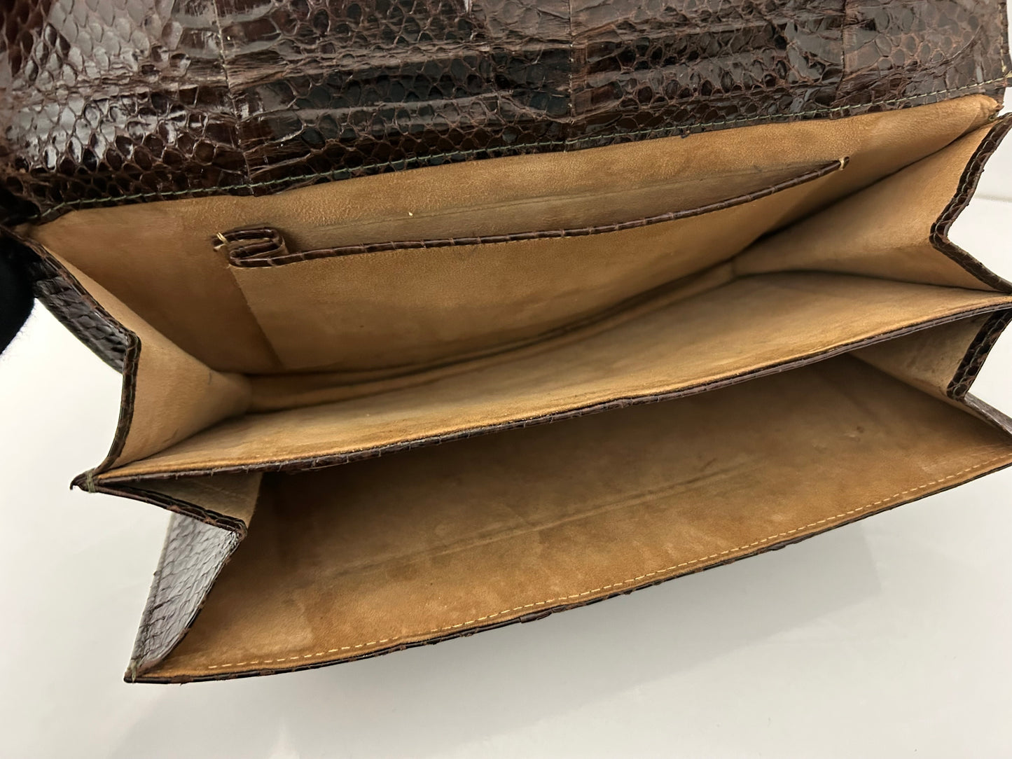 Vintage 1970s Italian Brown Reptile Leather Handbag With Removable Shoulder Strap