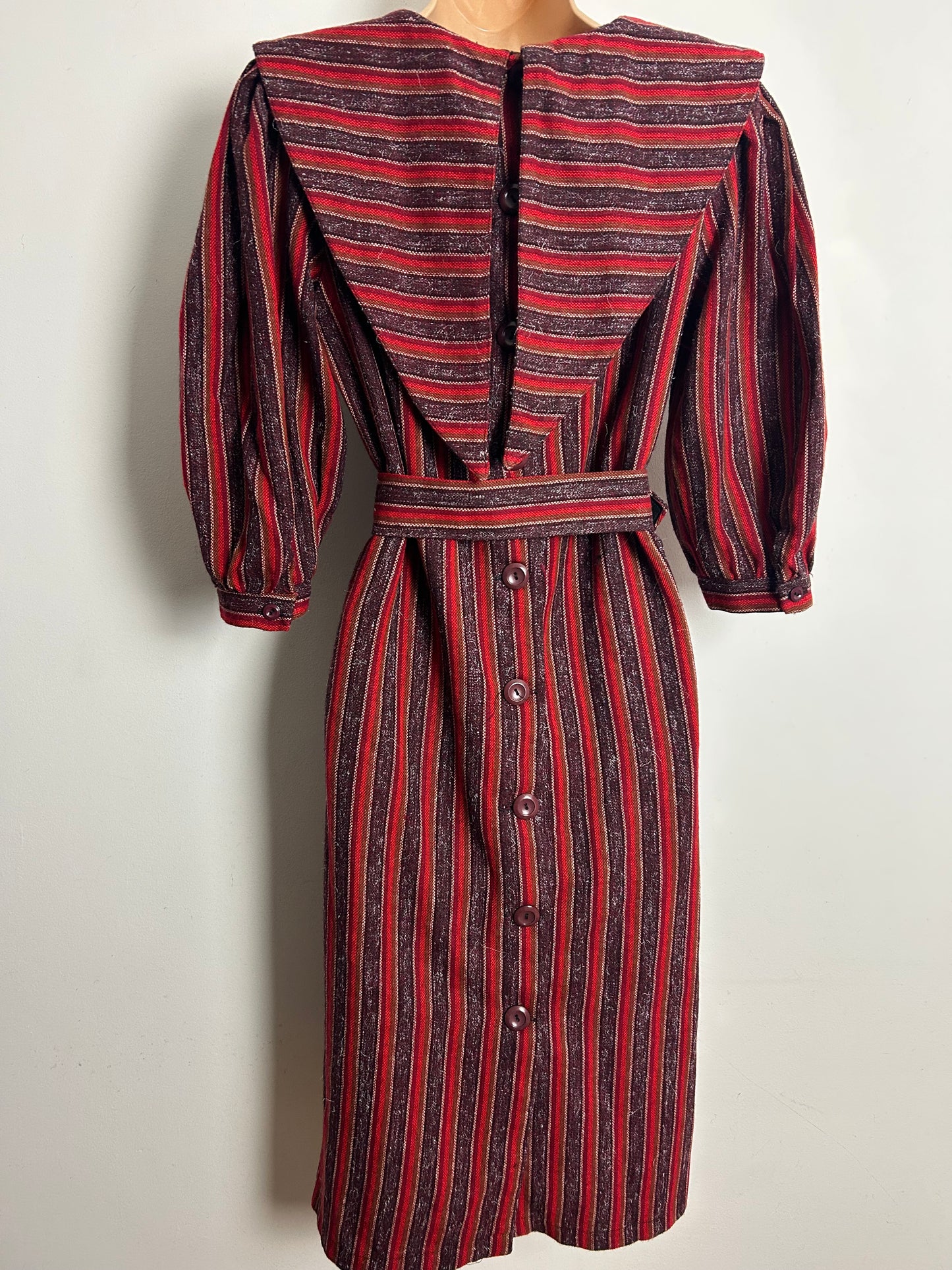 Vintage Early 1980s Size 10 Red & Brown Stripe Wool Mix Long Sleeve Feature Collar Belted Dress