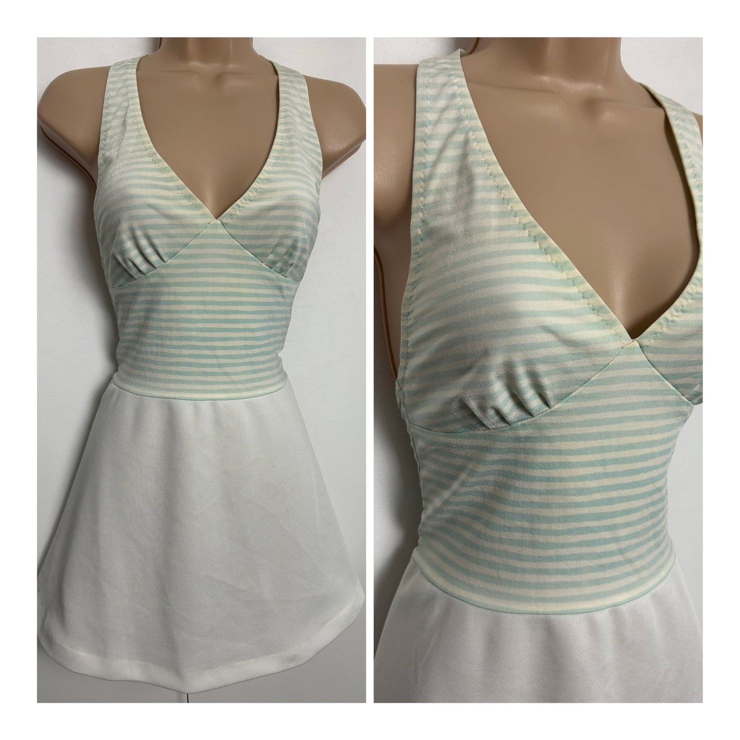 Vintage Early 1970s OLYMPIC Size 8-10 White Pale Blue & Cream Stripe Print Halterneck Tennis Or Swim Dress