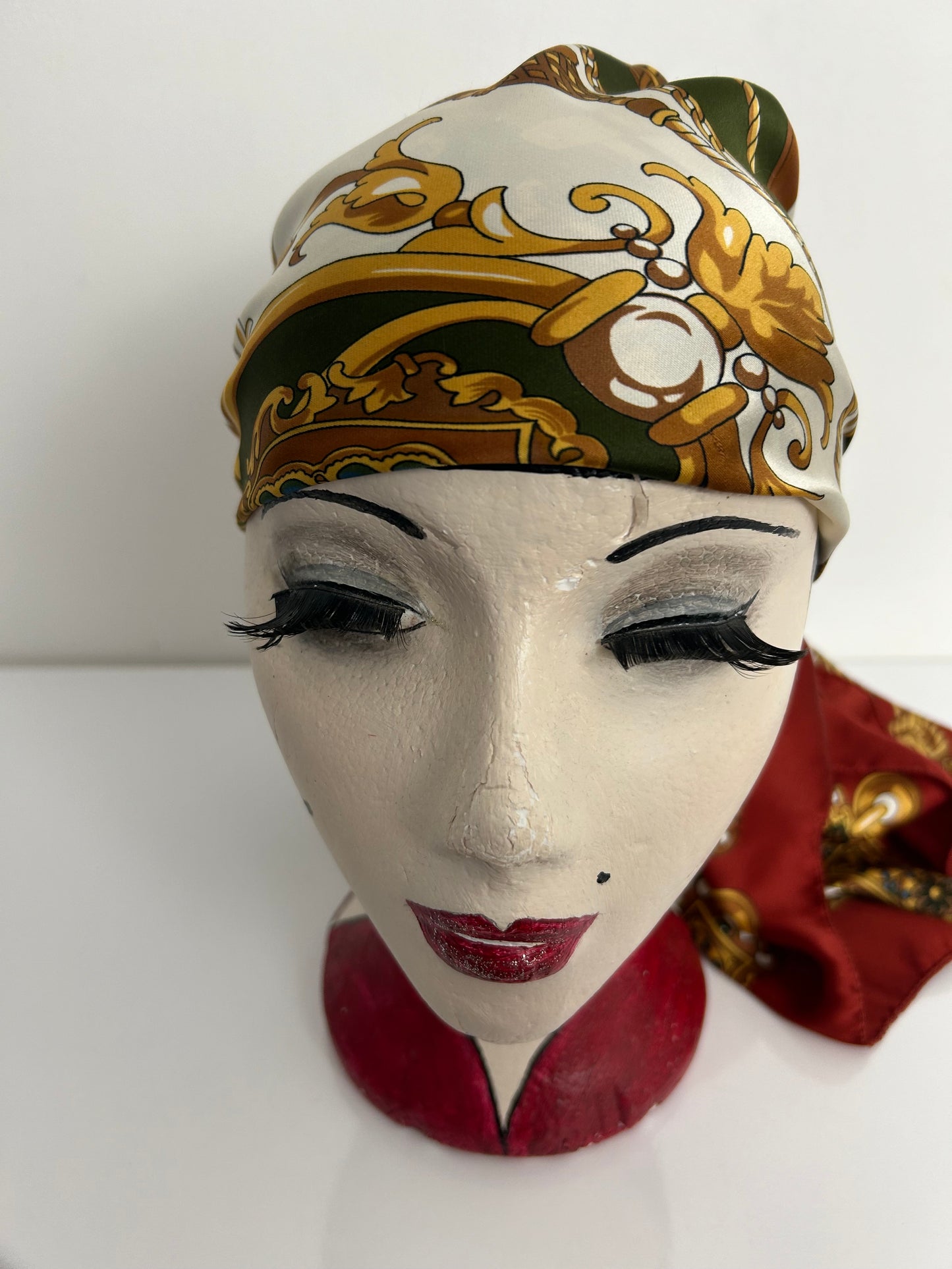 Vintage Rust Cream Brown & Green Baroque Nouveau Print Large Polyester Scarf 87cm x 87cm