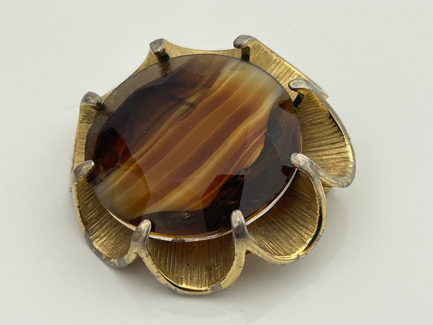 Vintage 1960s Large Celtic Scottish Gold Tone Brown Banded Glass Brooch