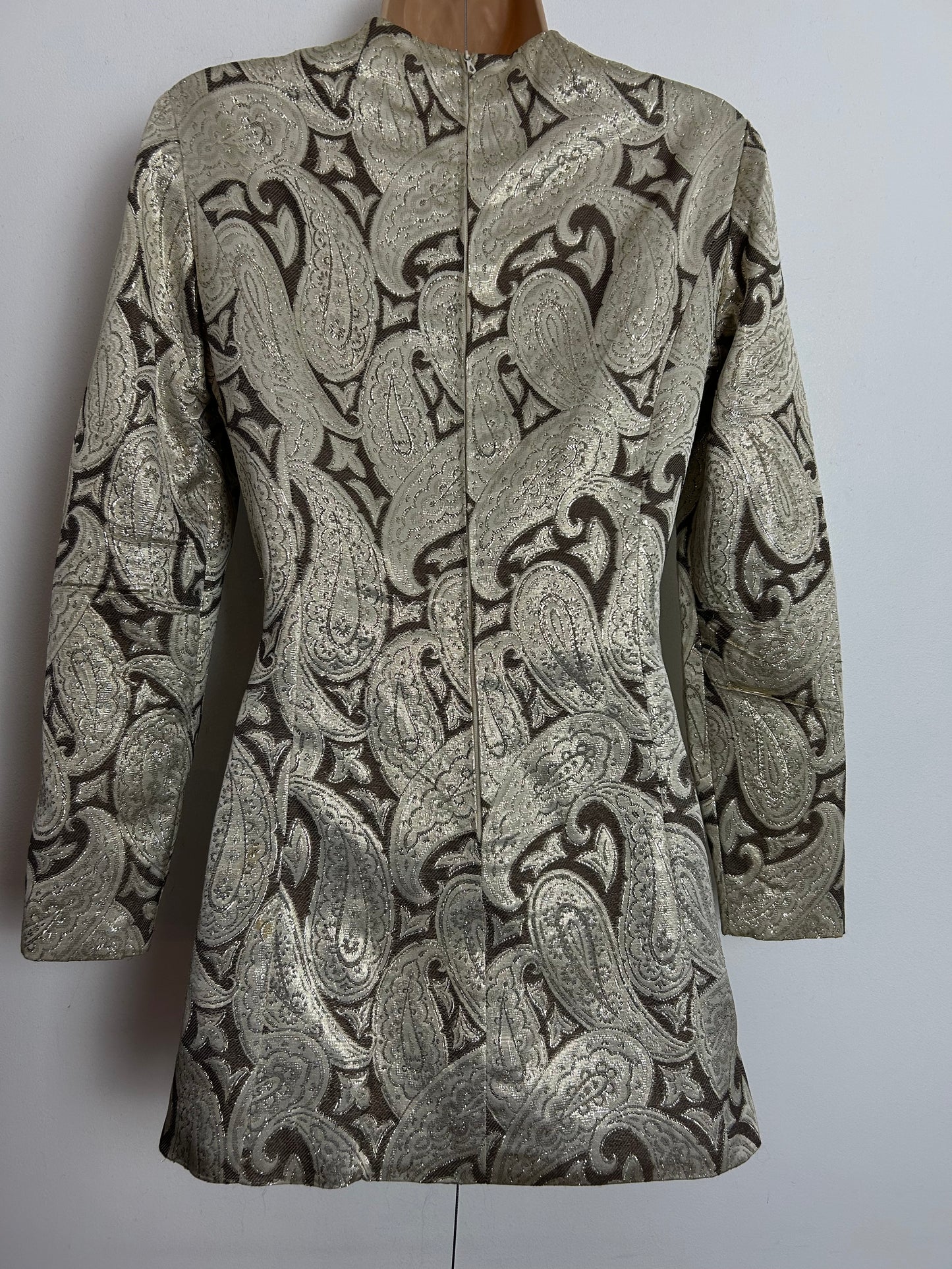 Vintage 1960s GLADYS PARIS UK Size 8 Metallic Gold & Brown Paisley Print Mini Mod Party Shift Dress or Tunic