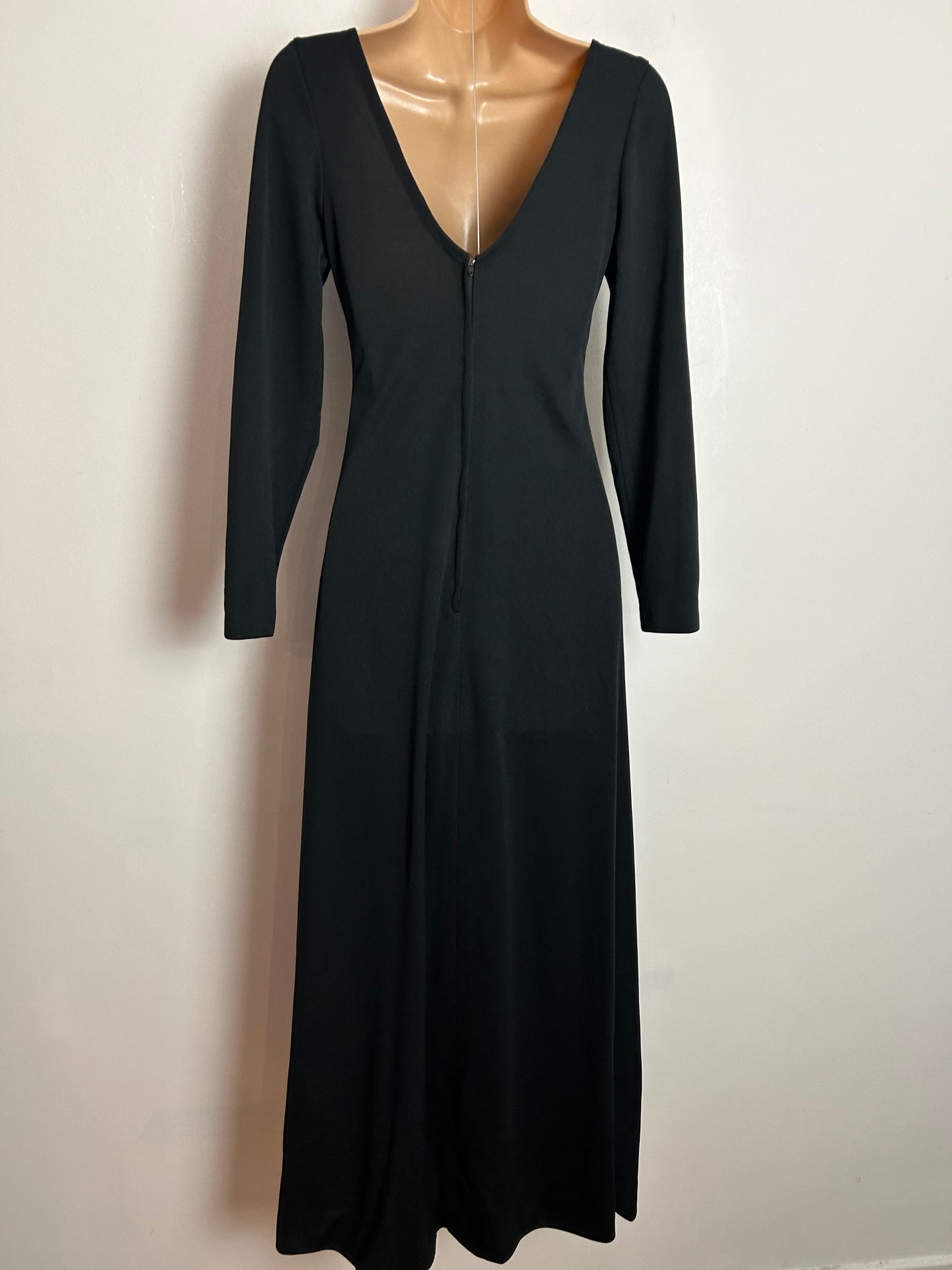 Vintage 1970S YOUNG IDEAS BY RHONA ROY UK Size 6 Black Fringed Detail Long Sleeve Evening Maxi Dress