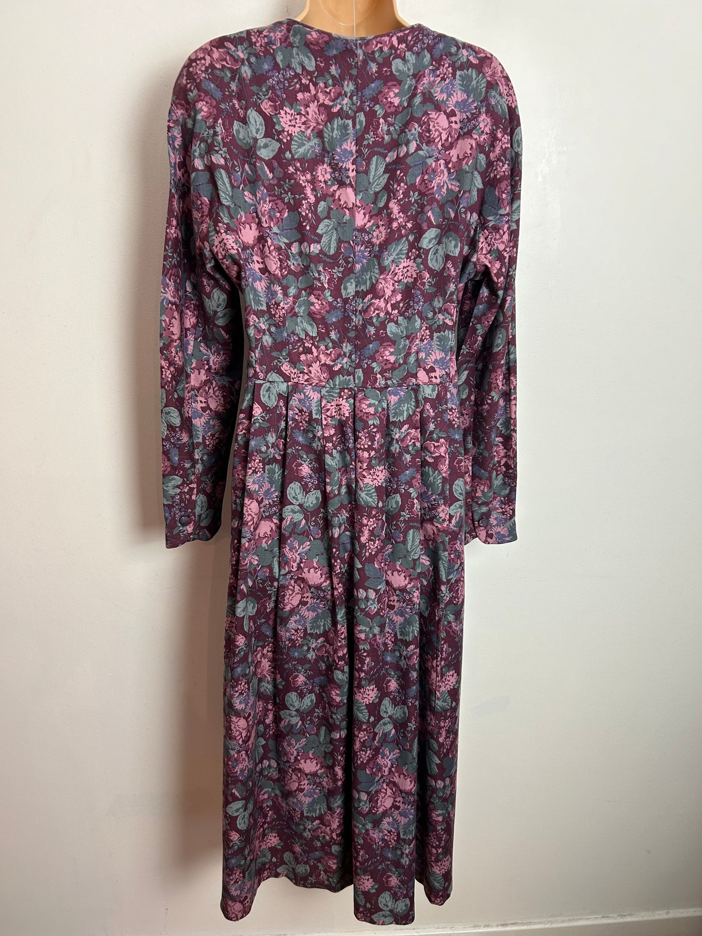 Vintage 80s LAURA ASHLEY UK Size 12 (Size 14 On Label) Plum Purple & Pink Floral Print Wool Mix Midi Dress Made In Rep Of Ireland