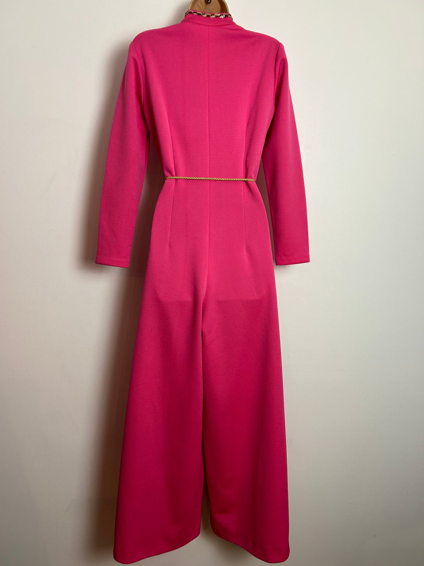 Vintage 1970s PAUL NICHOLAS UK Size 10 Candy Pink Long Sleeve Wide Leg Flared Jumpsuit