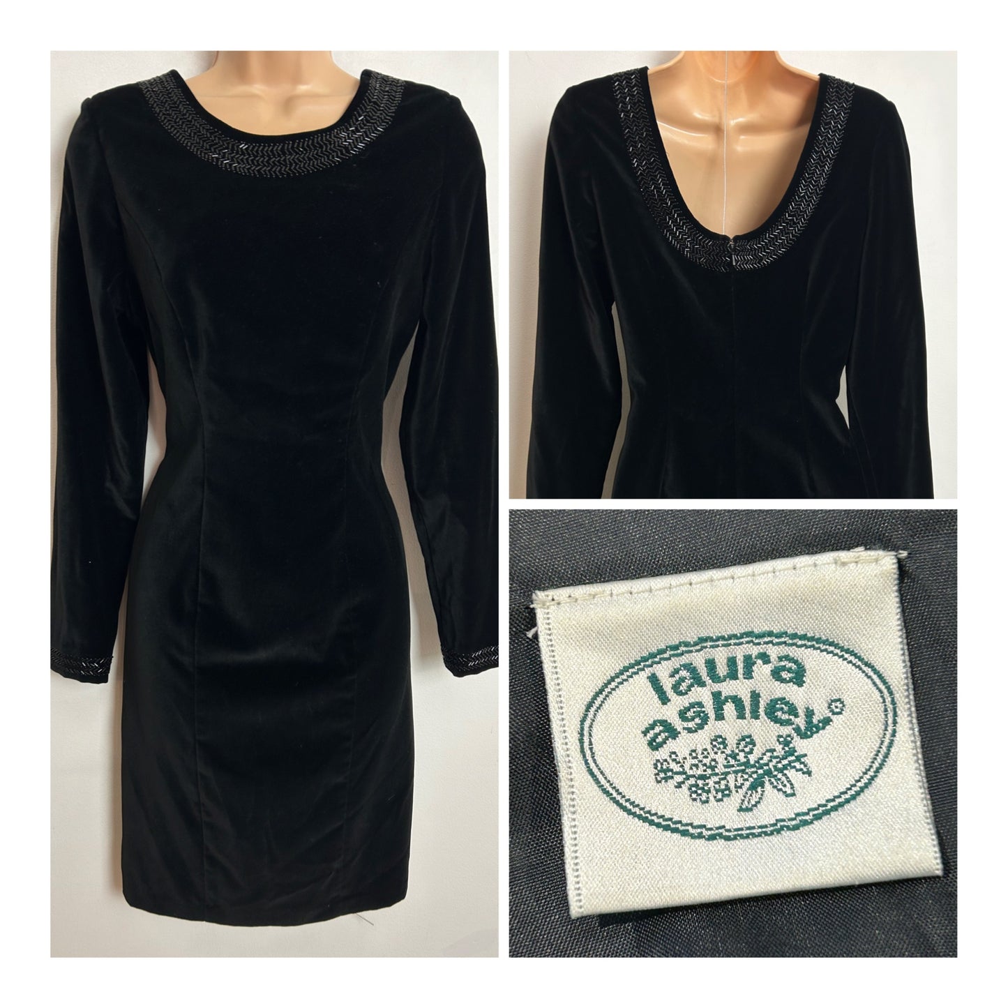 Vintage 80s 90s LAURA ASHLEY UK Size 8 Black Velvet Beaded Scooped Back Fitted Wiggle Dress