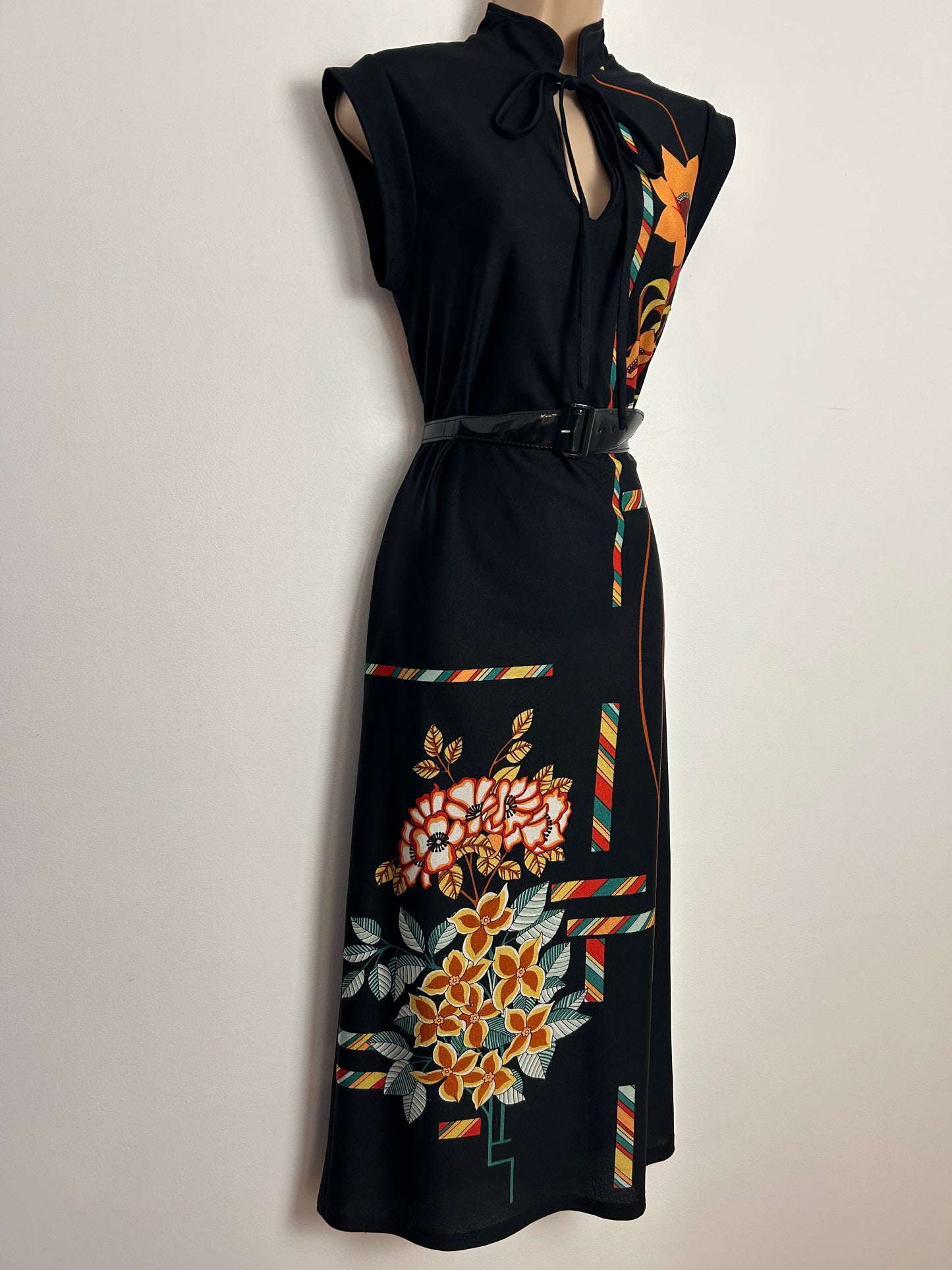 Vintage 1970s PAT FARRELL FOR FIONA DRESSES Size 10 Black Orange & Blue Floral & Stripe Print Belted Midi Dress