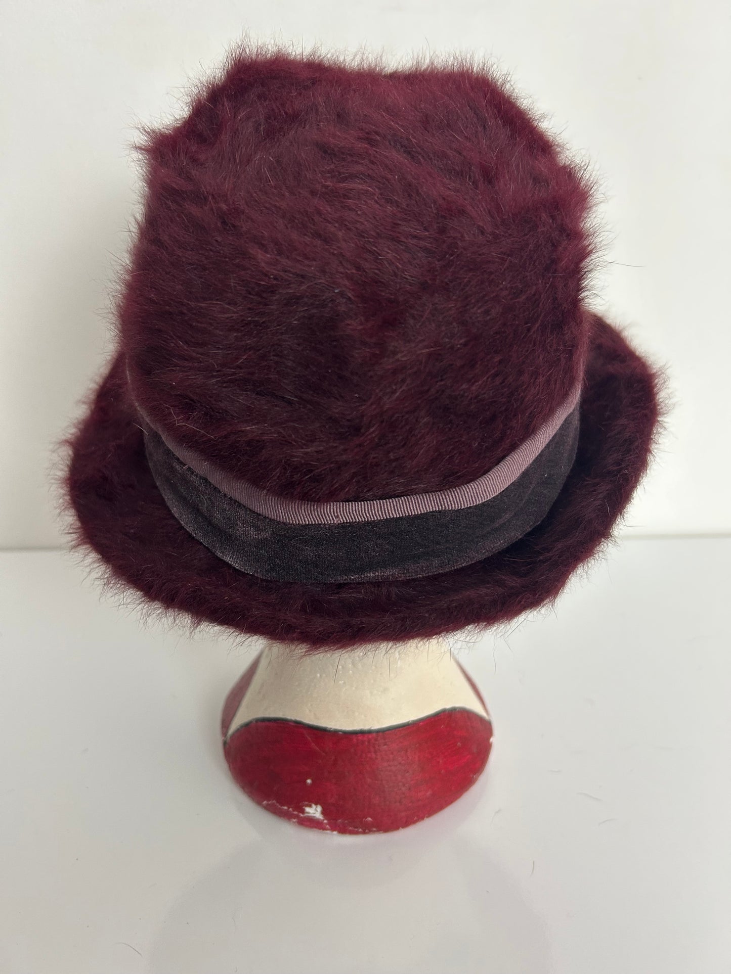Vintage Purple Angora Mix Velvet Ribbon Trim Button Detail Trilby Style Hat