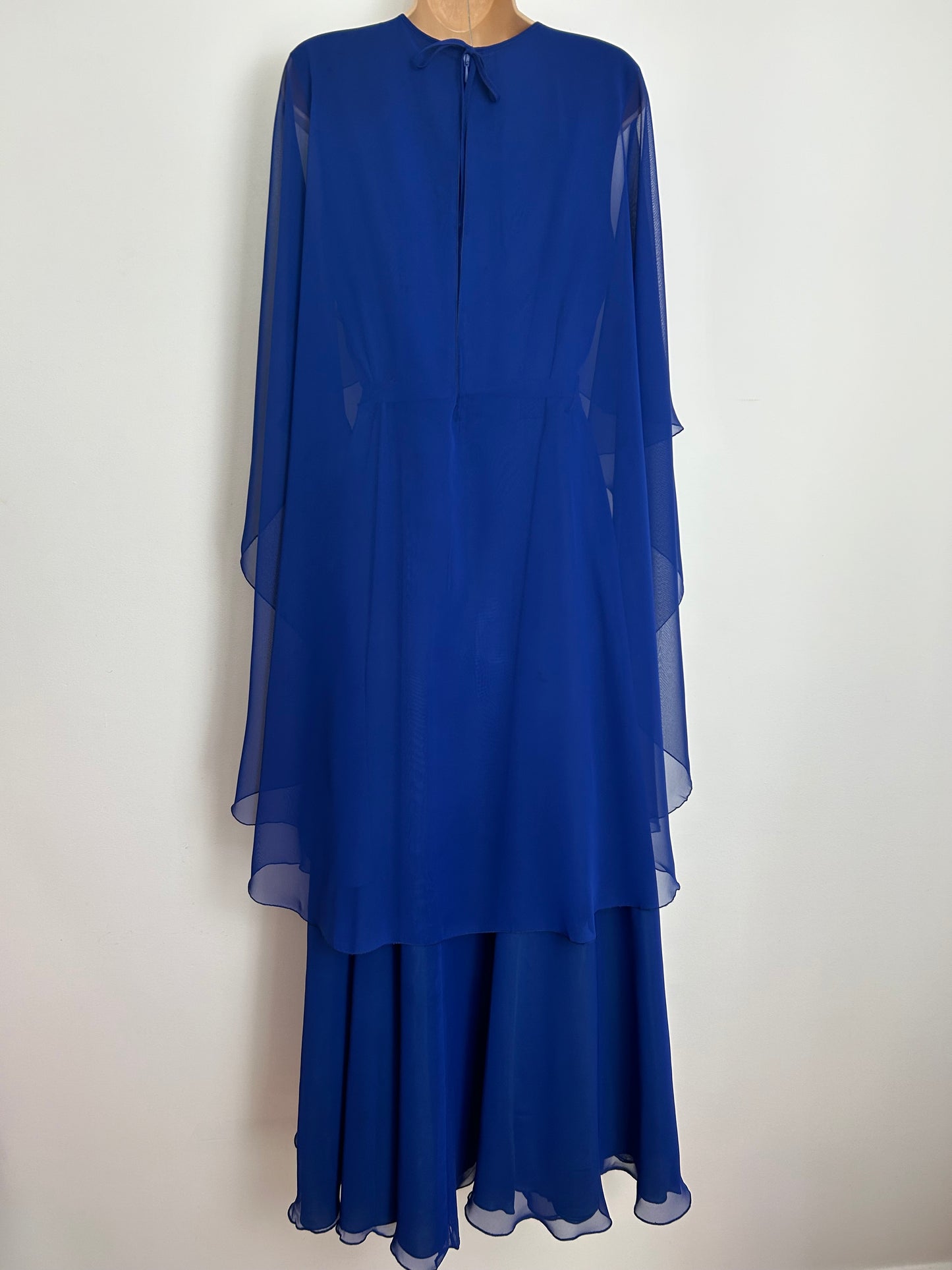 Vintage Late 1970s Size 12 Royal Blue Chiffon Rhinestone Detail Cape Sleeve Belted Occasion Evening Maxi Dress