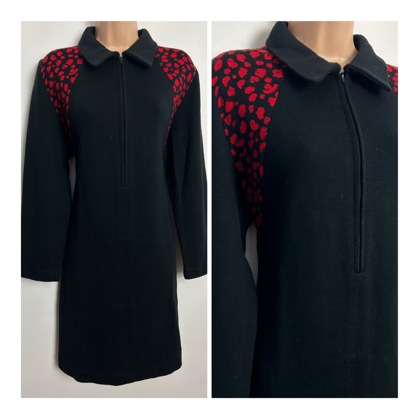 Vintage 1990s ITALIAN UK Size 12 Black & Red Animal Print Long Sleeve Jumper Dress