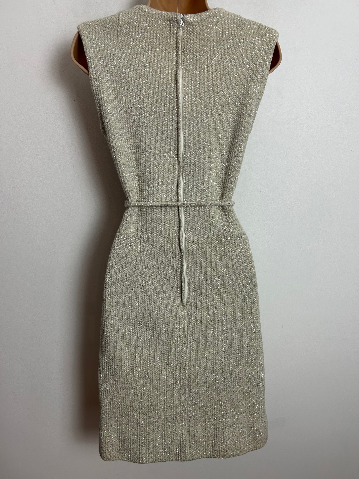 Vintage 1960s UK Size 6-8 Winter White & Silver Metallic Thread Belted Xmas Party Mod Dress