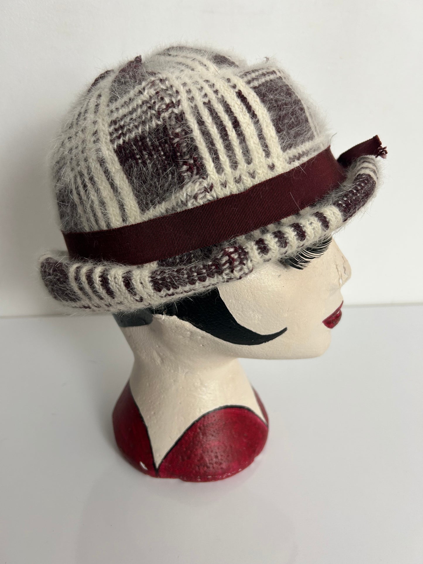 Vintage Cream & Maroon Check Pattern Angora Mix Braid Trim Hat