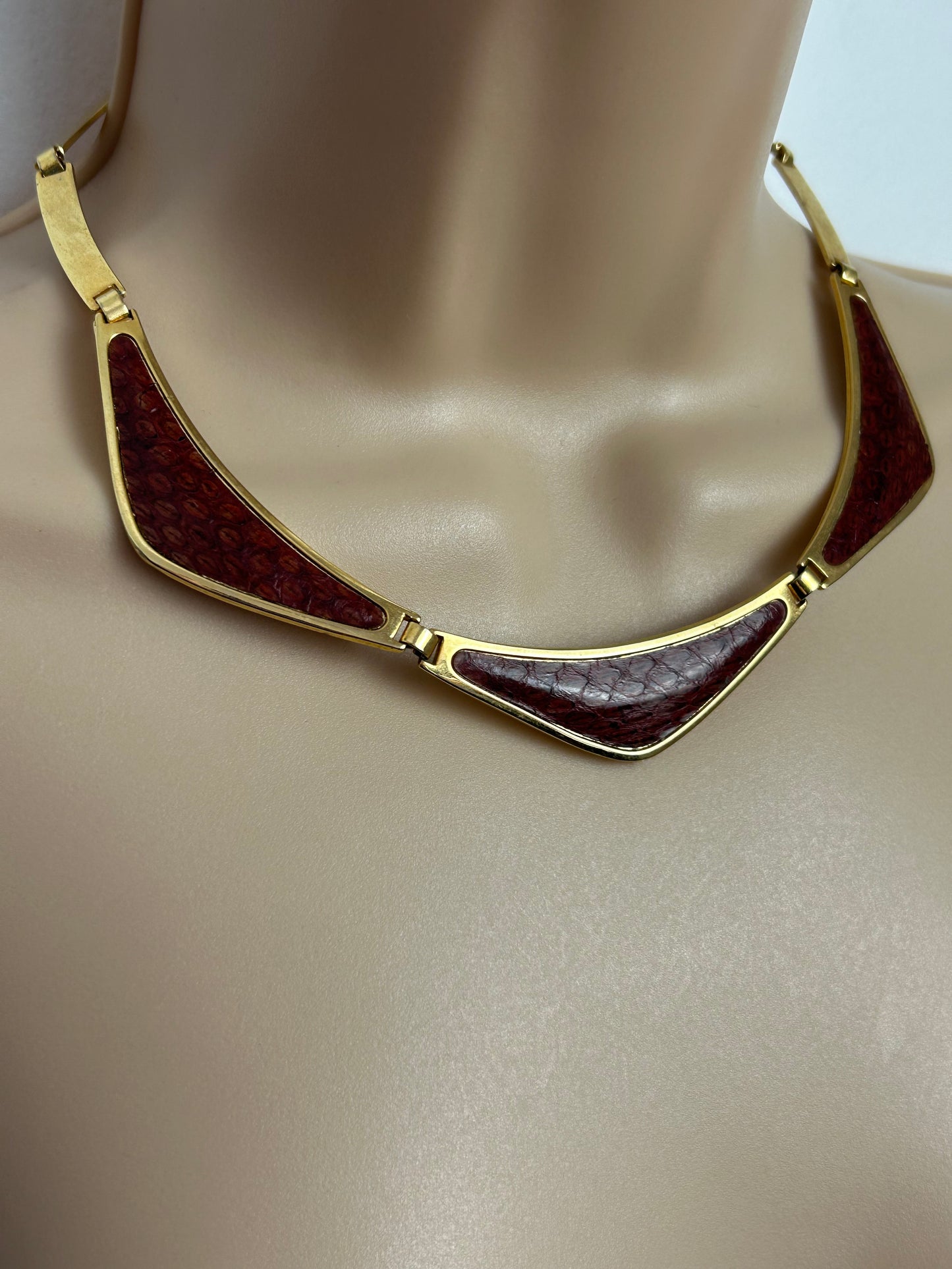 Vintage Gold Tone & Brick Red Faux Reptile Skin Panelled Choker Necklace