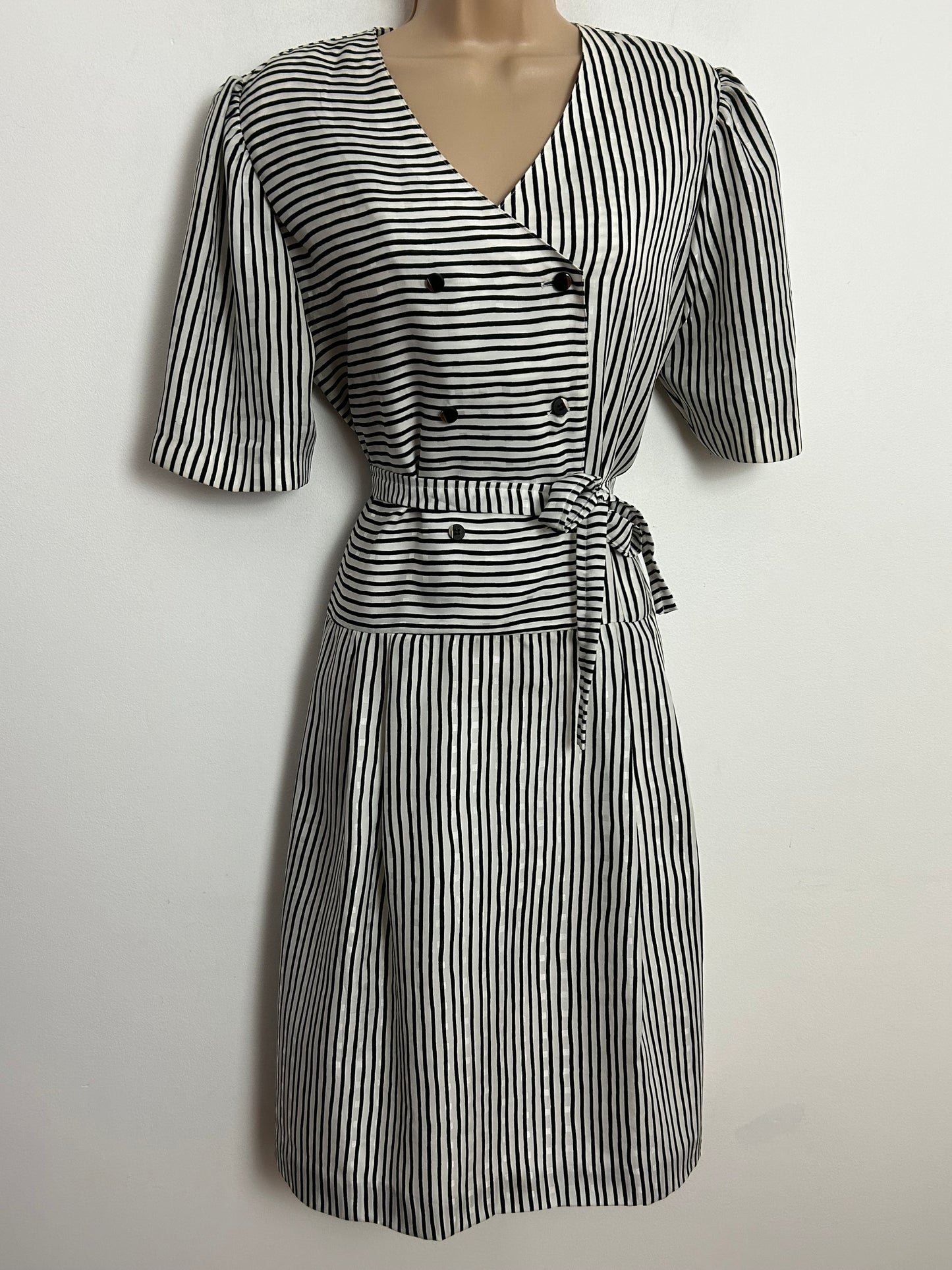 Vintage 1980s Designer GIVENCHY EN PLUS Size 14 Black & White Stripe Belted Pleated Day Dress