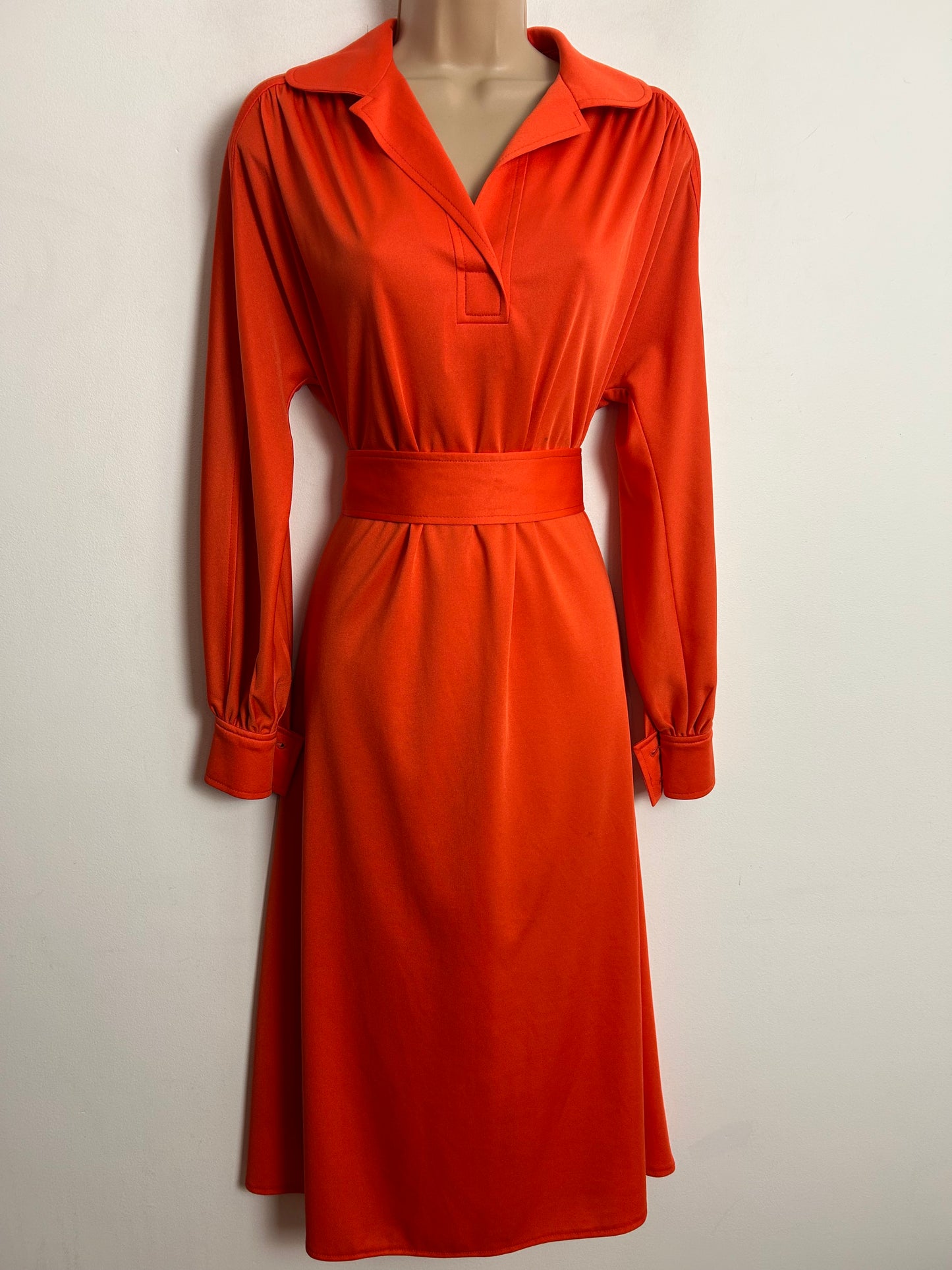 Vintage 1970s WIBOR UK Size 14 Tangerine Orange Long Sleeve Belted Day Dress