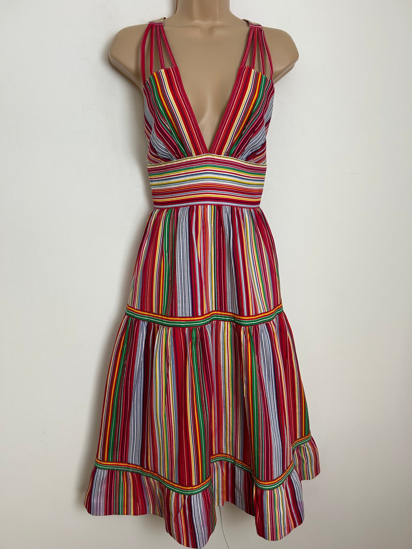Vintage Late 1970s Size 6-8 Multi Stripe Cross Strap Plunge Neck Summer Sundress