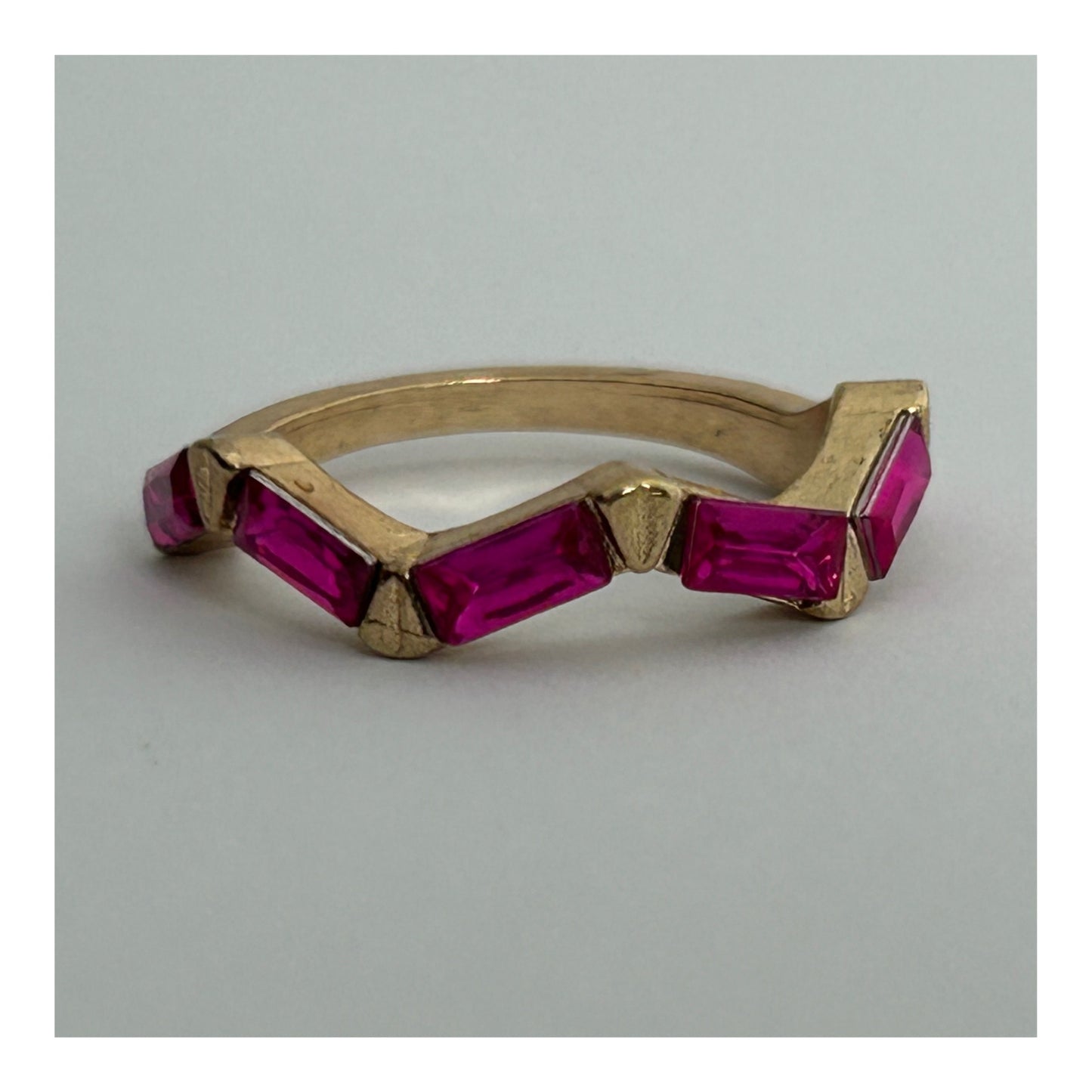 Vintage Gold Tone Base Metal Band Ring With Pink Stones Size O