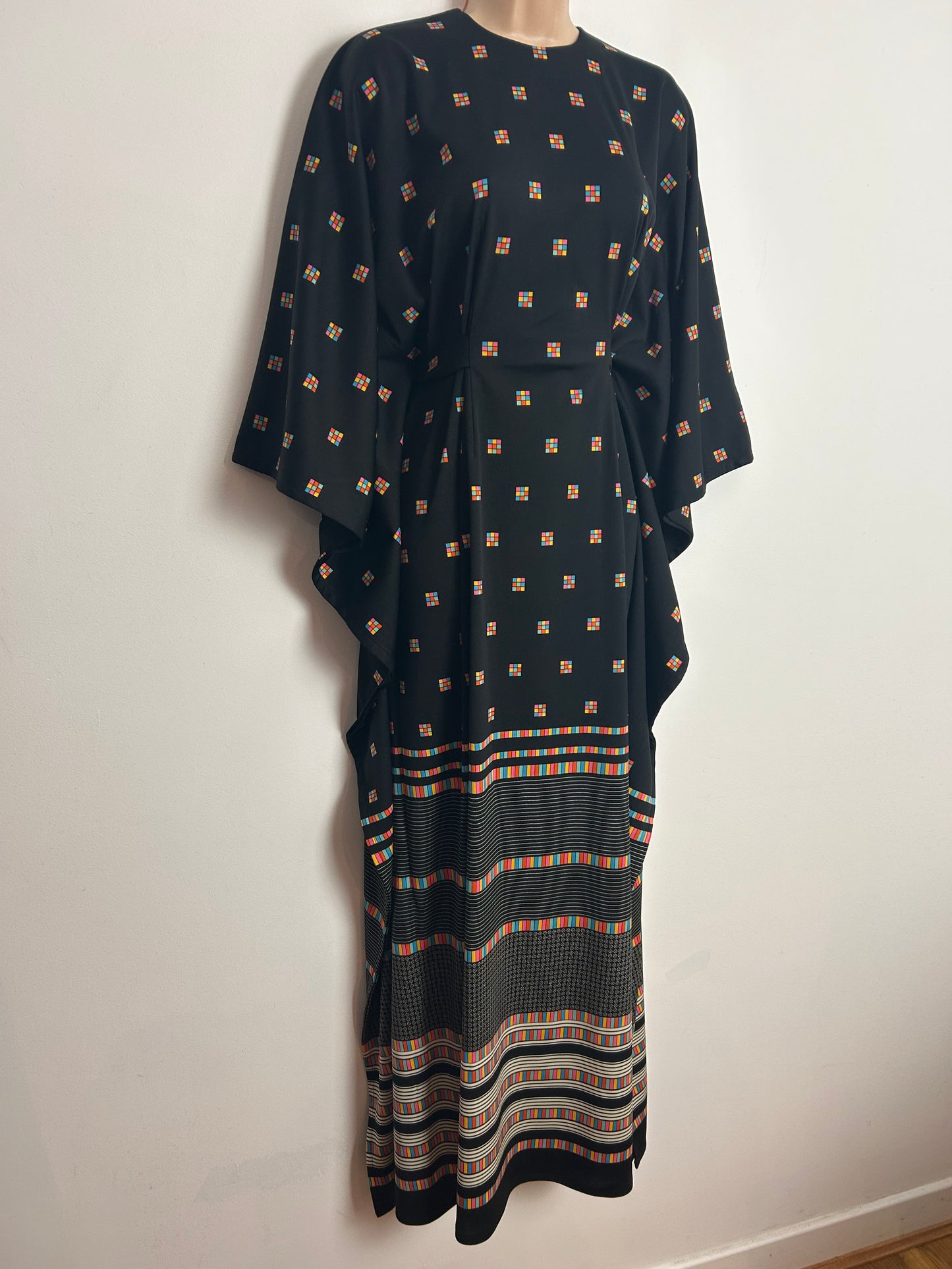 Vintage 1970s Up To Size 14 Black Multicolour Check Square Print Wide Sleeve Belted Kaftan Maxi Dress
