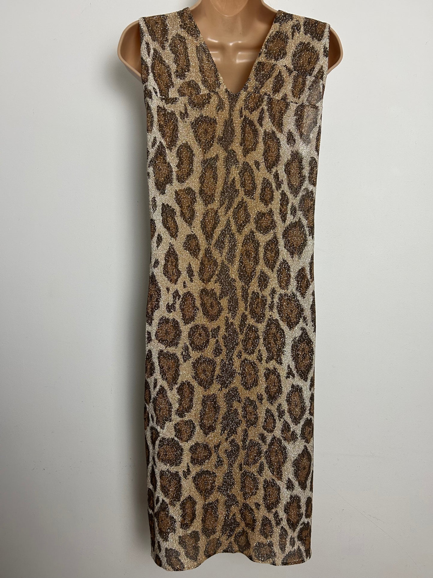 Vintage 1970s Size 12 Brown & Gold Leopard Print Lurex Sleeveless Shift Dress