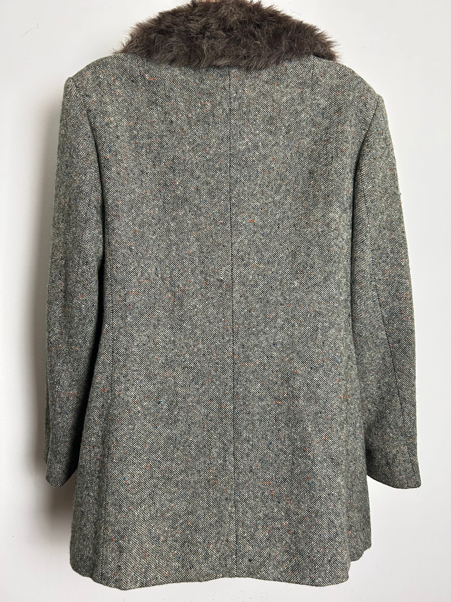Vintage 1970s ELDAMO Size 12 Tweed Wool Pea Coat With Faux Fur Collar