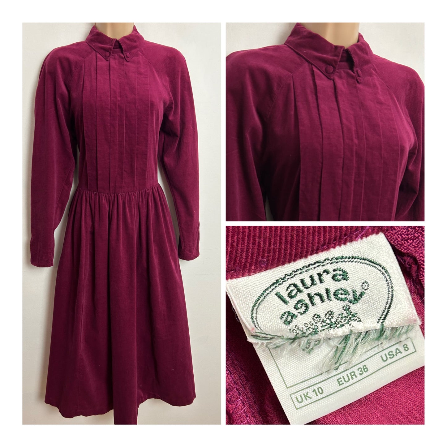 Vintage 1980s LAURA ASHLEY UK Size 8 (Size 10 On Label) Wine Red Needlecord Pleated Bodice Long Sleeve Dress