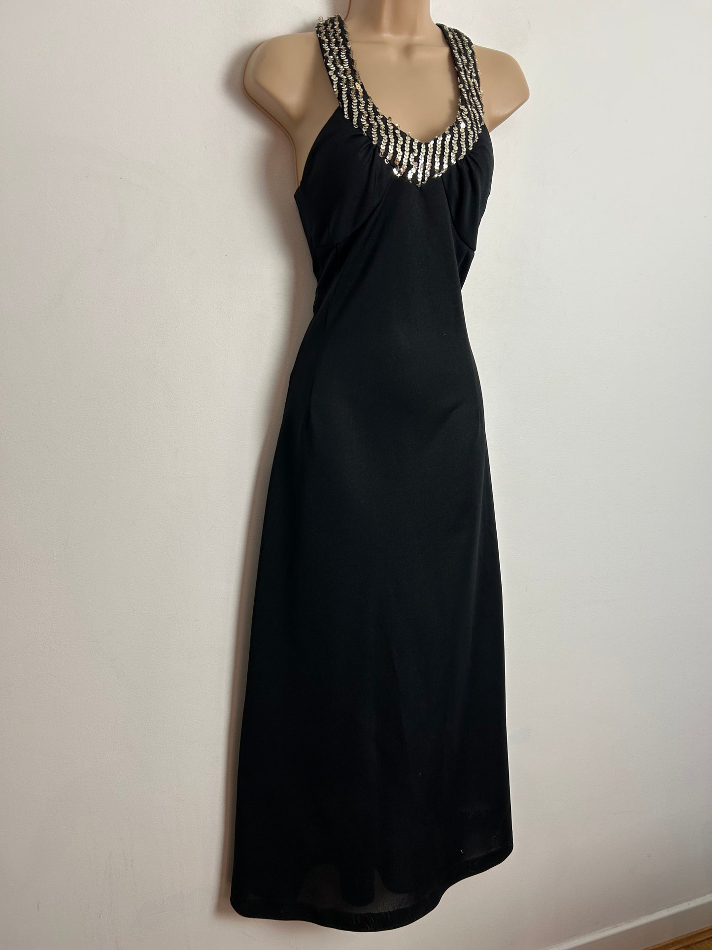 Vintage 1970s PENELOPE PEEP UK Size 6 Black Sequin Embellished Evening Party Maxi Dress