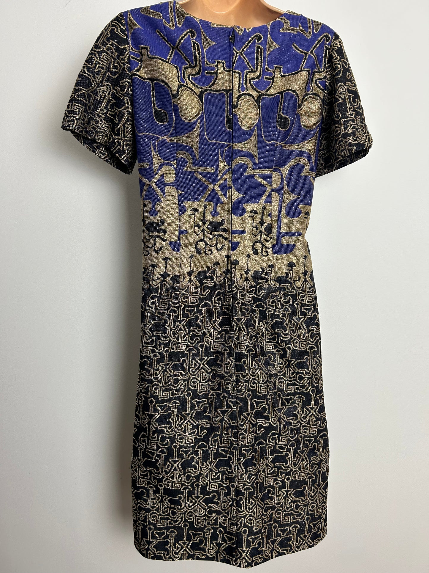 Vintage 1960s Size 12 Purple Gold & Black Abstract Print Lurex Mod Shift Party Dress