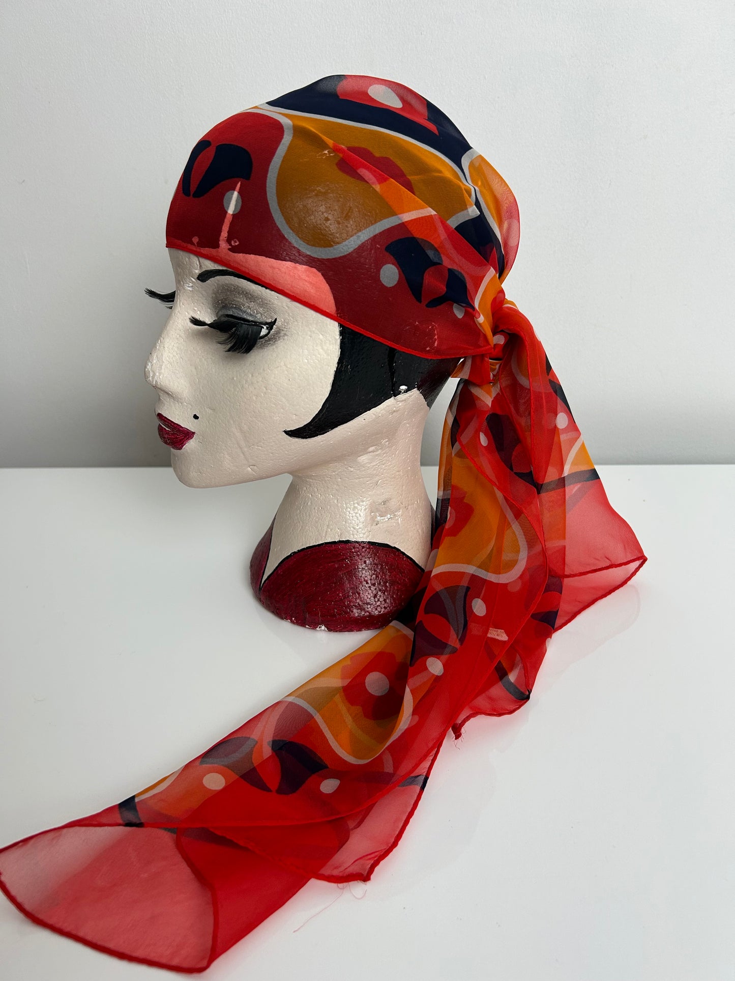 Vintage Red Orange & Navy Psychedelic Floral Print Chiffon Crepe Long Scarf