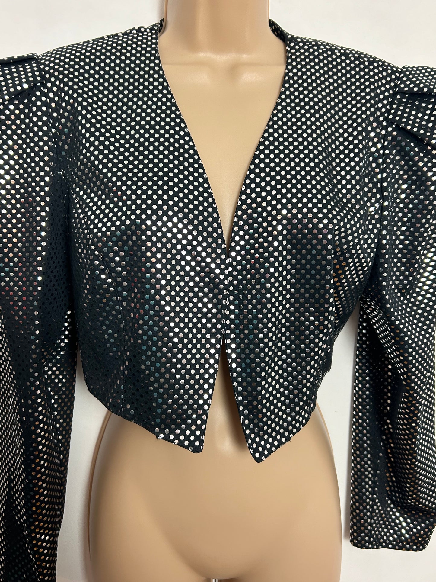 Vintage 1980s PM STYLE UK Size 12-14 Black & Metallic Silver Polka Dots Long Sleeve Bolero Cover Up