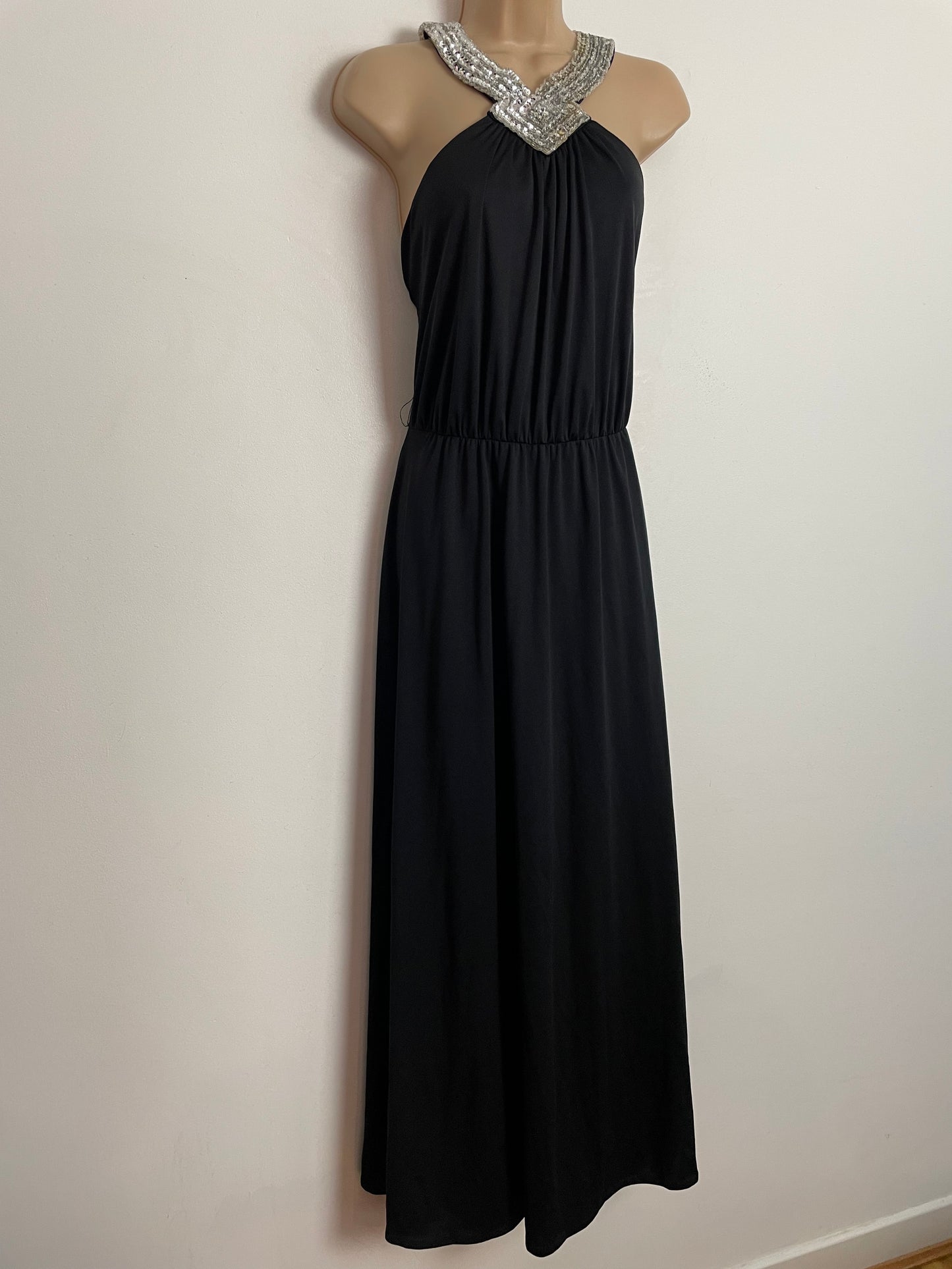 Vintage 1970s UK Size 10 Black Silver Sequin Halterneck Cage Back Evening Maxi Dress