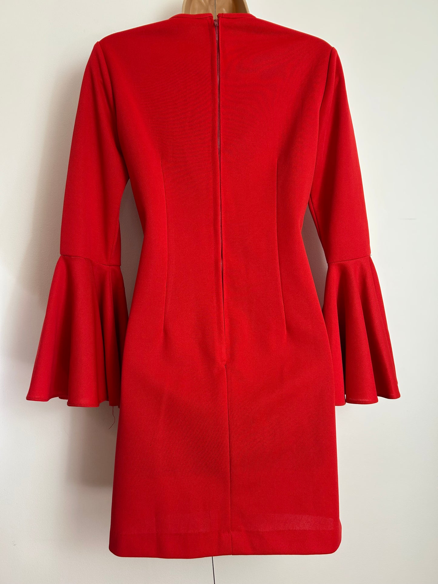 Vintage 1960s Size 8 Red Long Flared Trumpet Sleeve Mini Mod Shift Dress