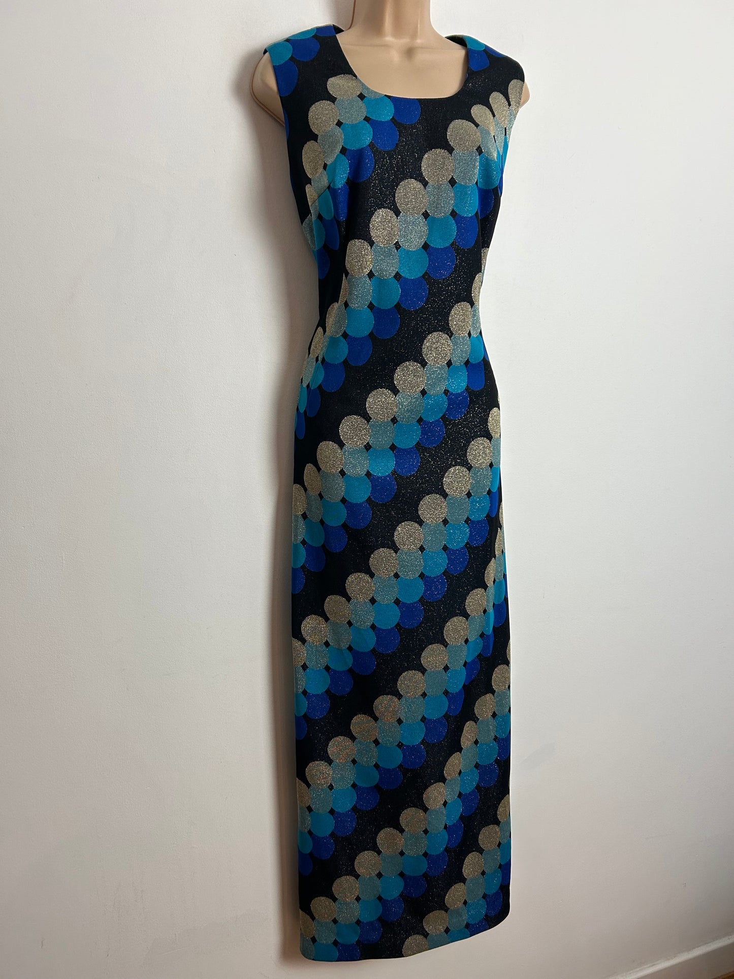 Vintage 1970s UK Size 12-14 Black Blue Silver & Gold Lurex Circle Print Sleeveless Colum Occasion Evening Maxi Dress